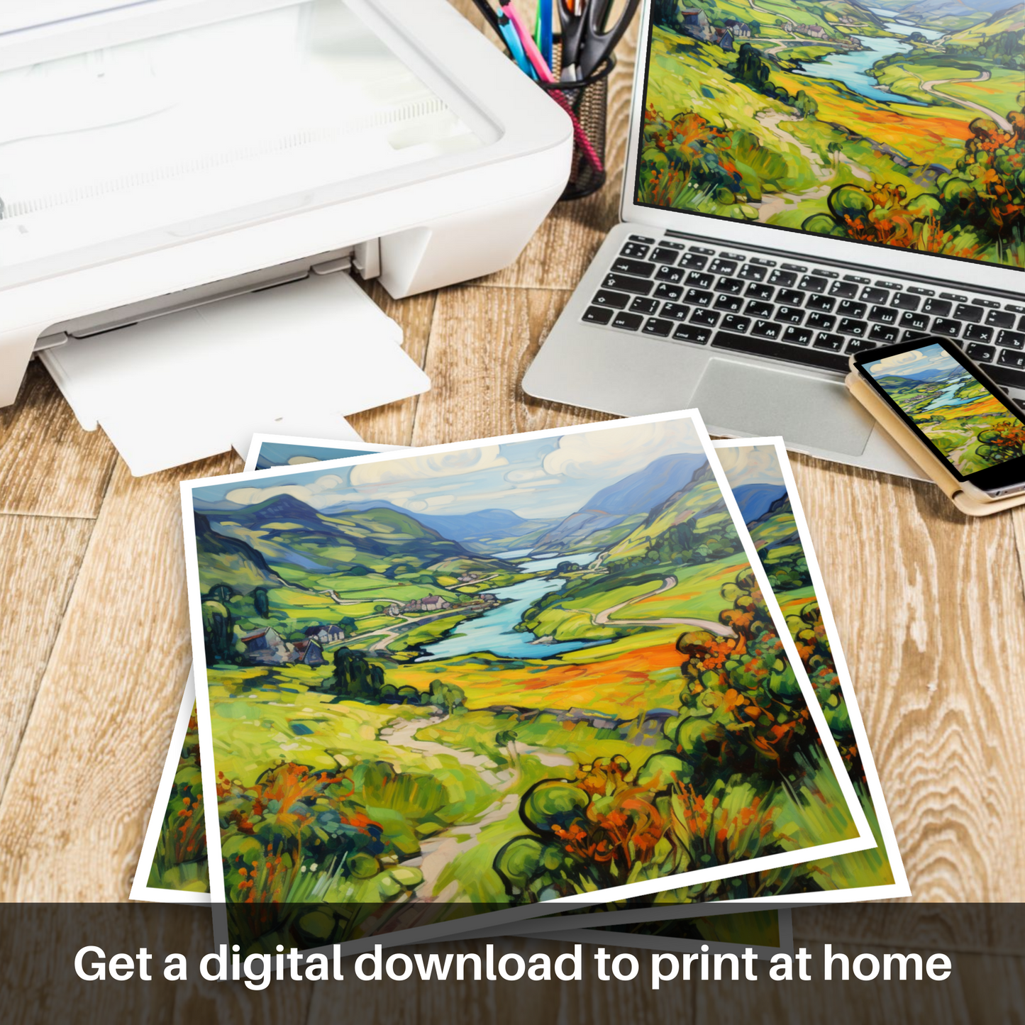 Downloadable and printable picture of Glen Falloch, Argyll and Bute in summer