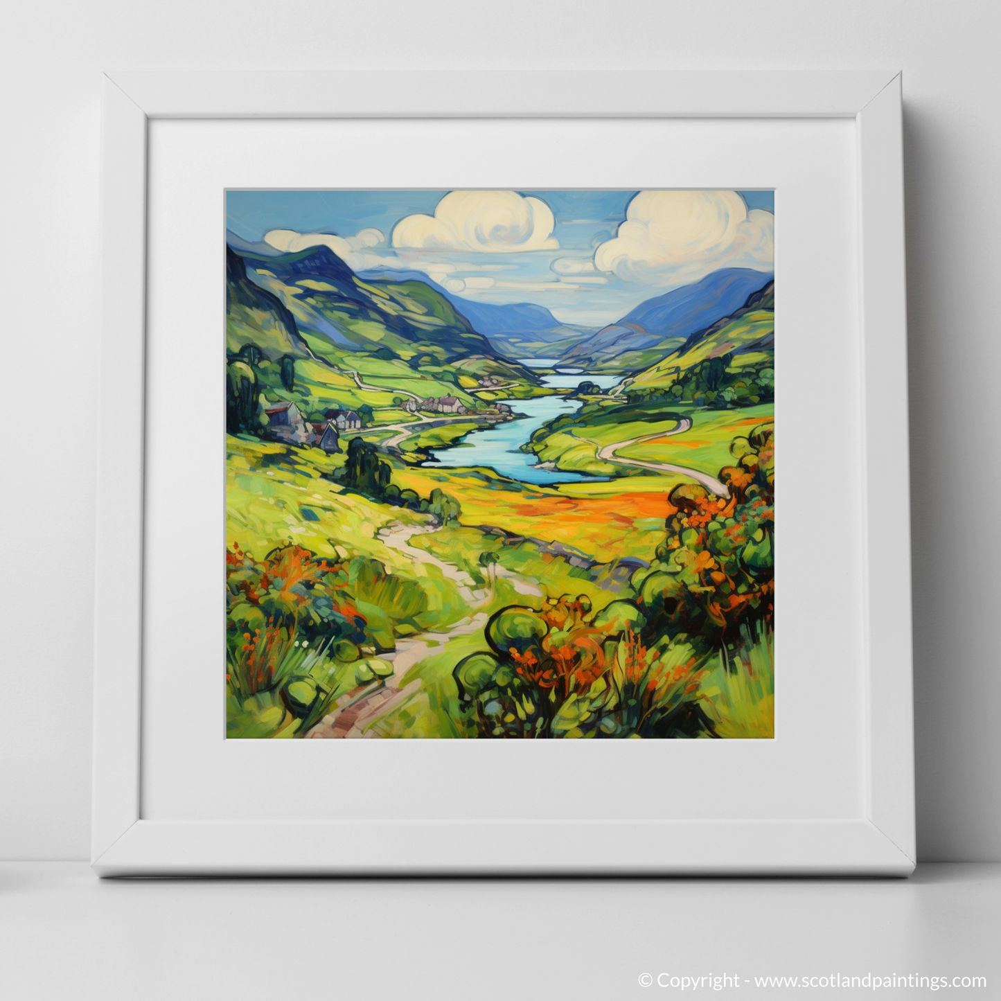 Art Print of Glen Falloch, Argyll and Bute in summer with a white frame