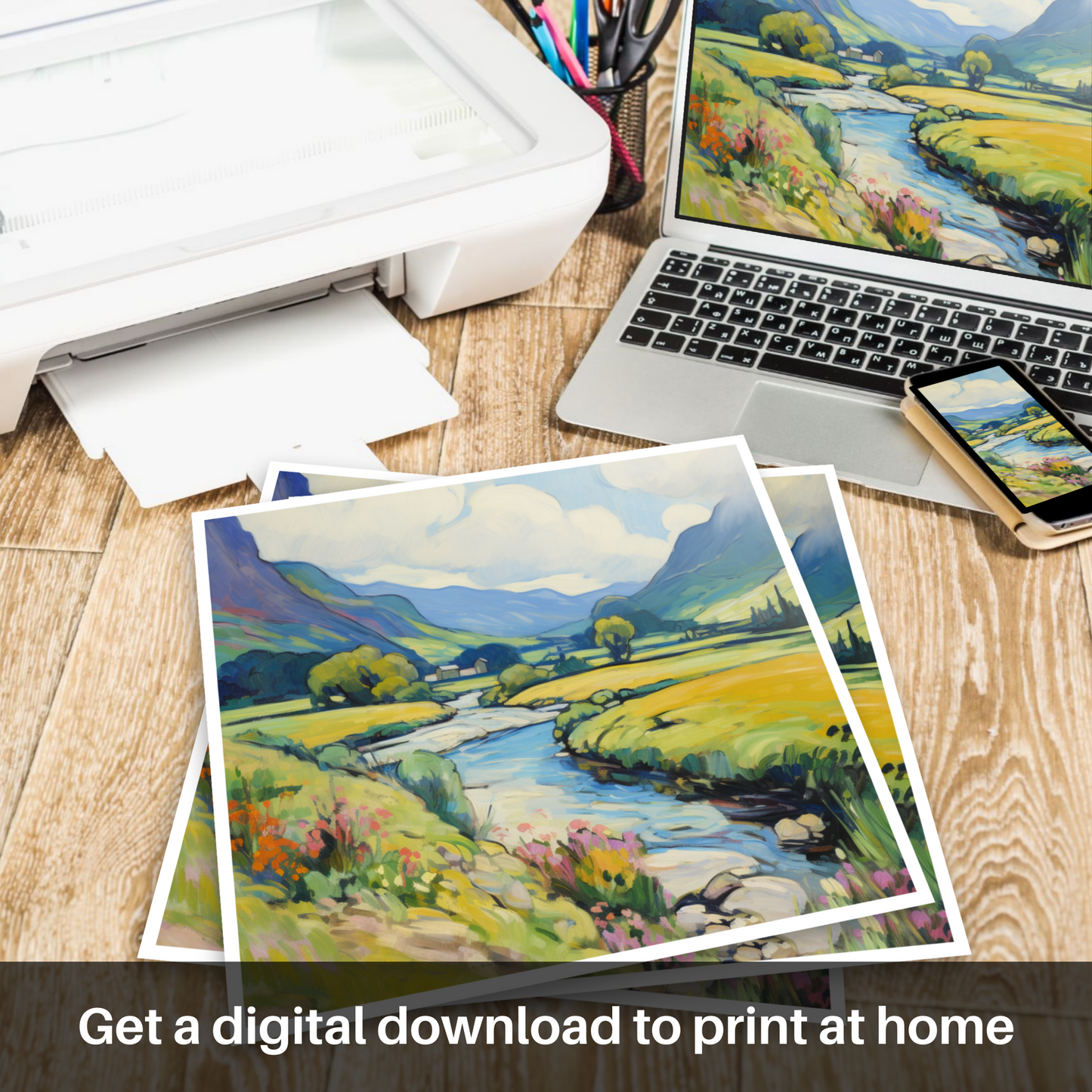 Downloadable and printable picture of Glen Falloch, Argyll and Bute in summer