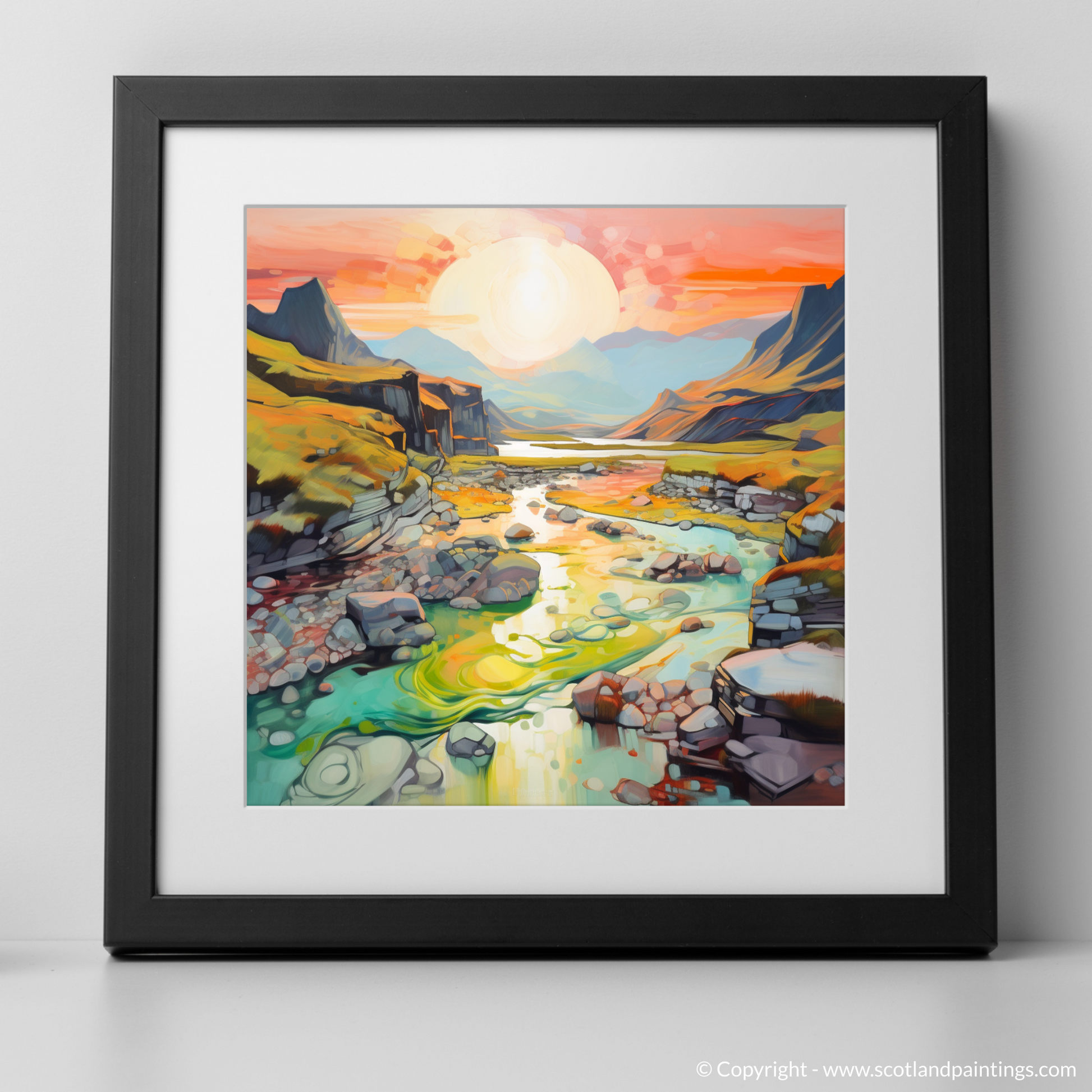 Art Print of Isle of Skye Fairy Pools at golden hour in summer with a black frame