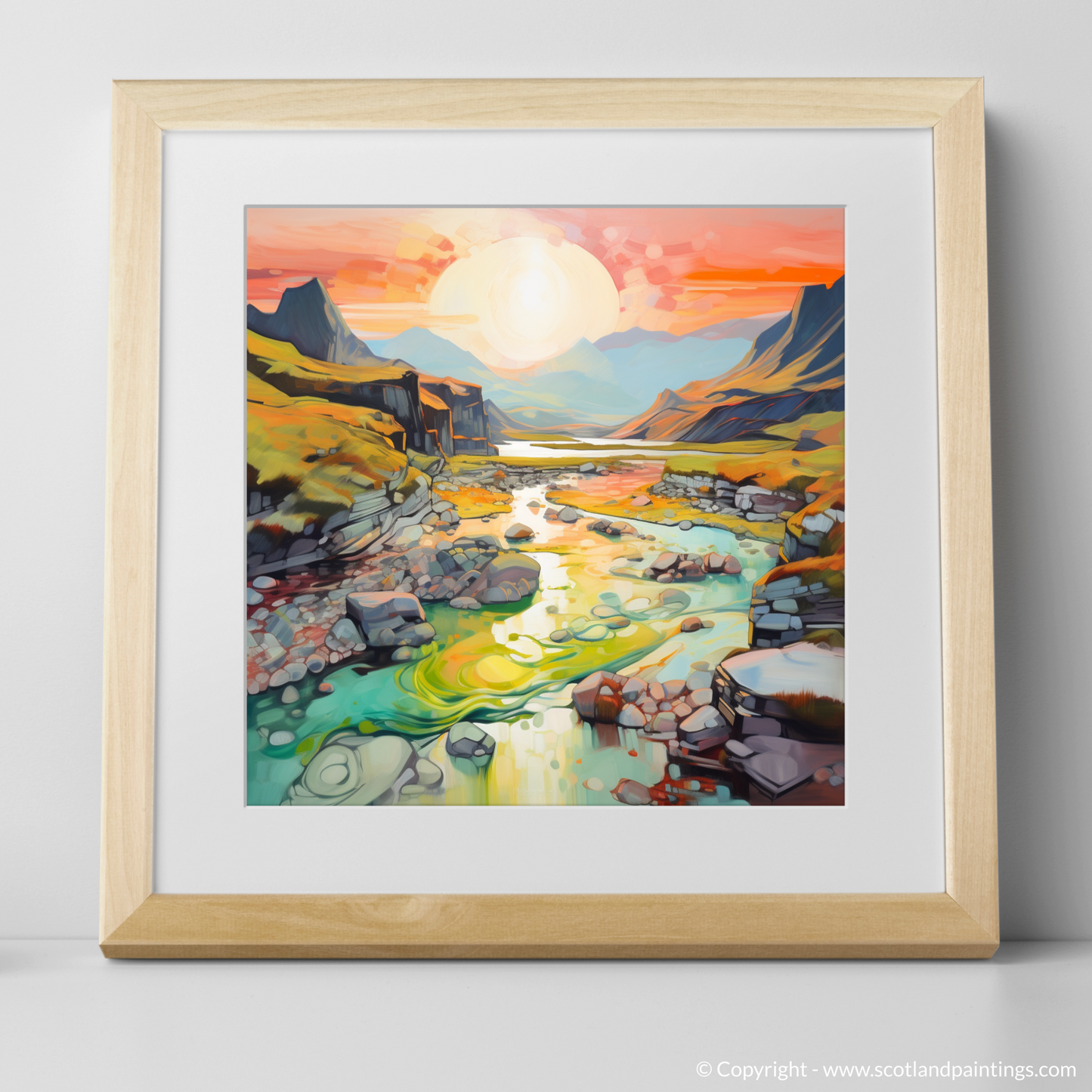 Art Print of Isle of Skye Fairy Pools at golden hour in summer with a natural frame