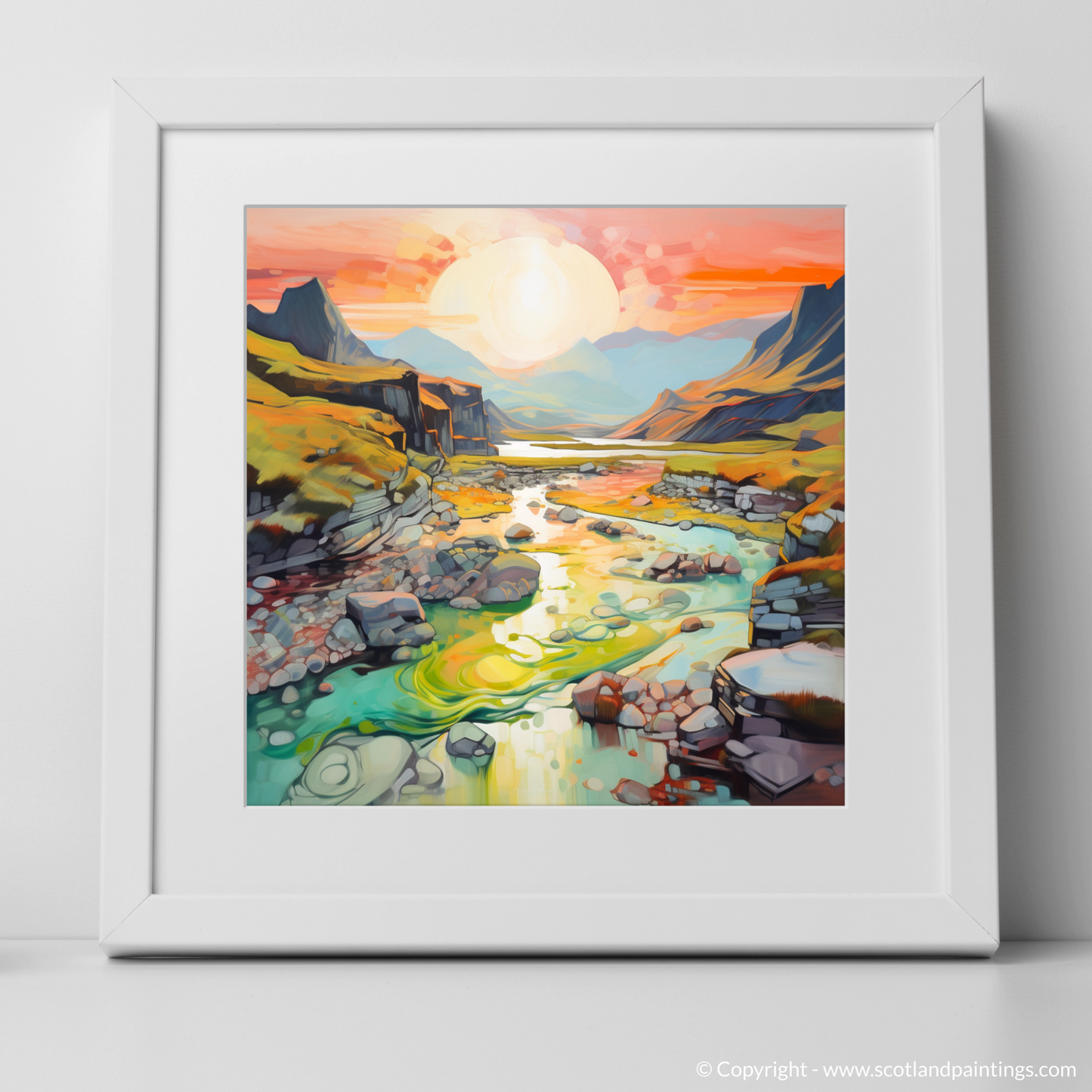 Art Print of Isle of Skye Fairy Pools at golden hour in summer with a white frame