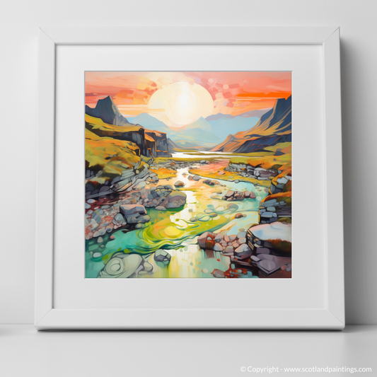 Art Print of Isle of Skye Fairy Pools at golden hour in summer with a white frame