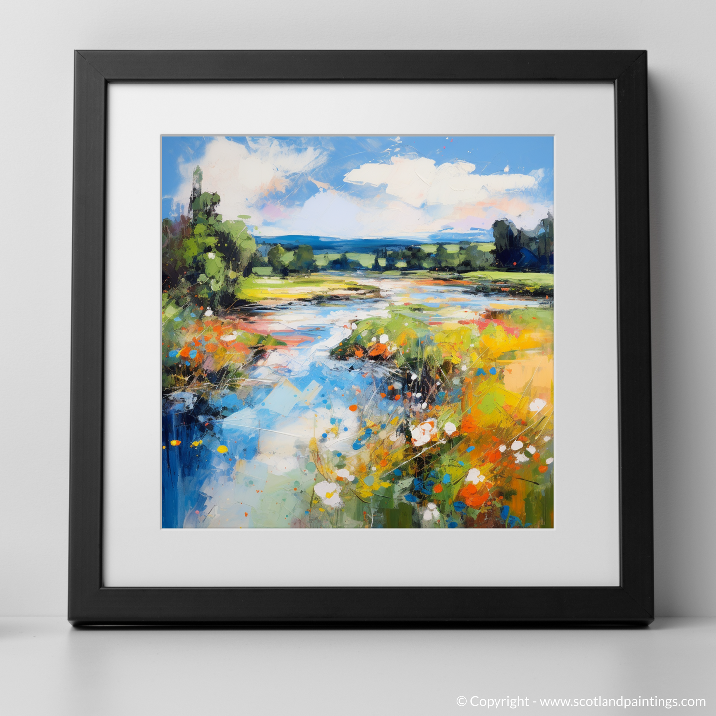 Art Print of River Lyon, Perthshire in summer with a black frame