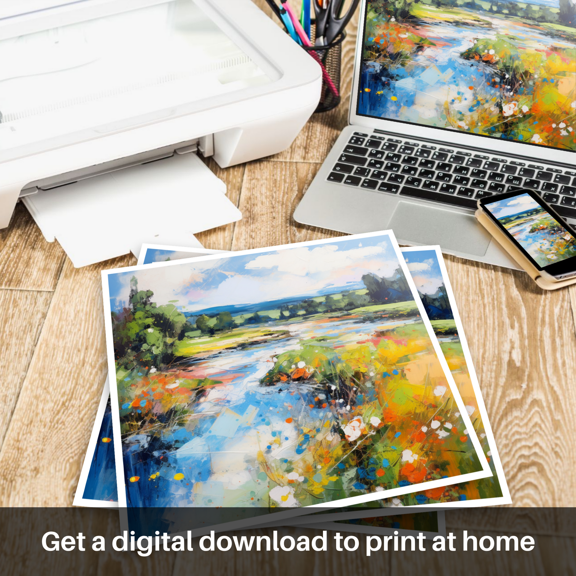 Downloadable and printable picture of River Lyon, Perthshire in summer