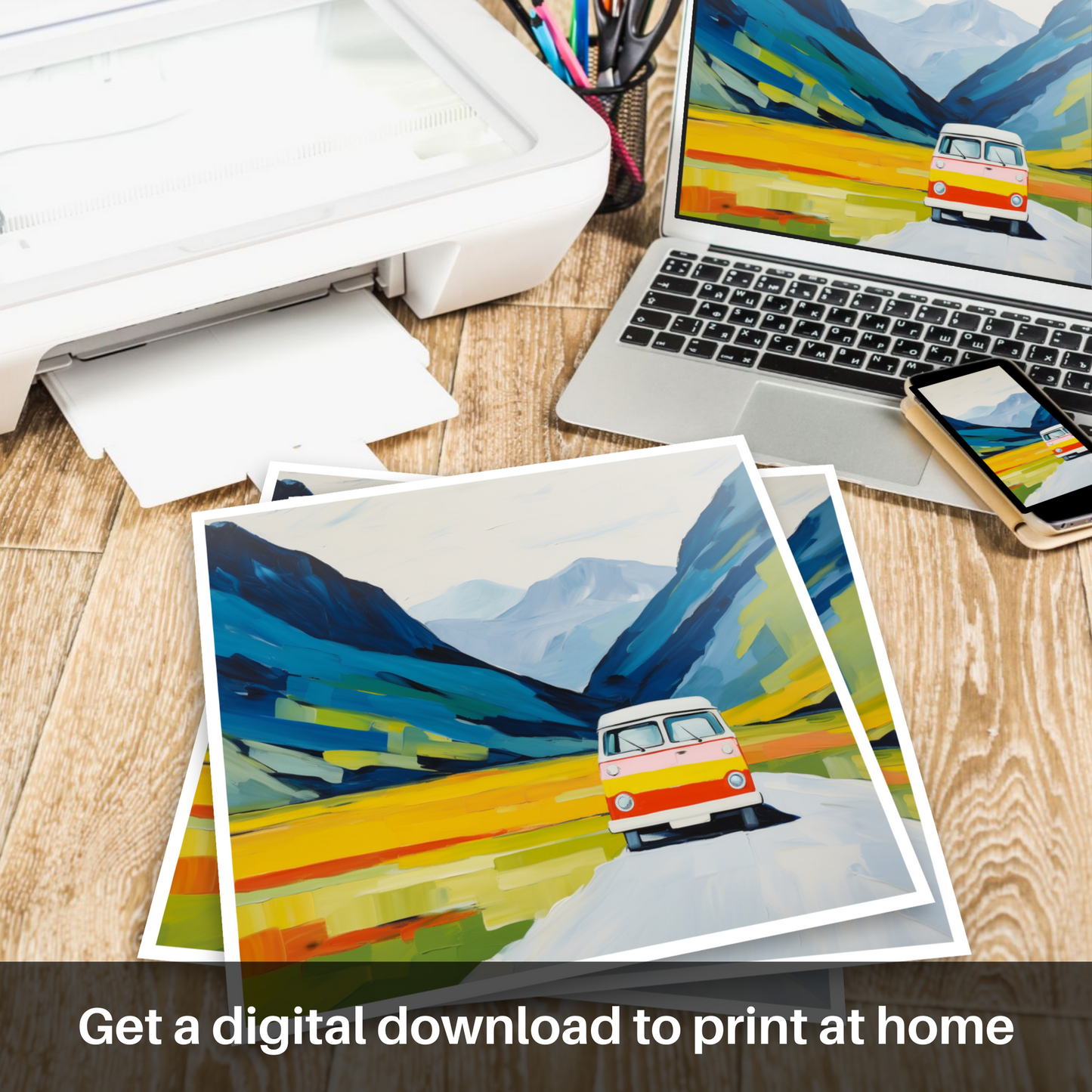 Downloadable and printable picture of Campervan in Glencoe during summer