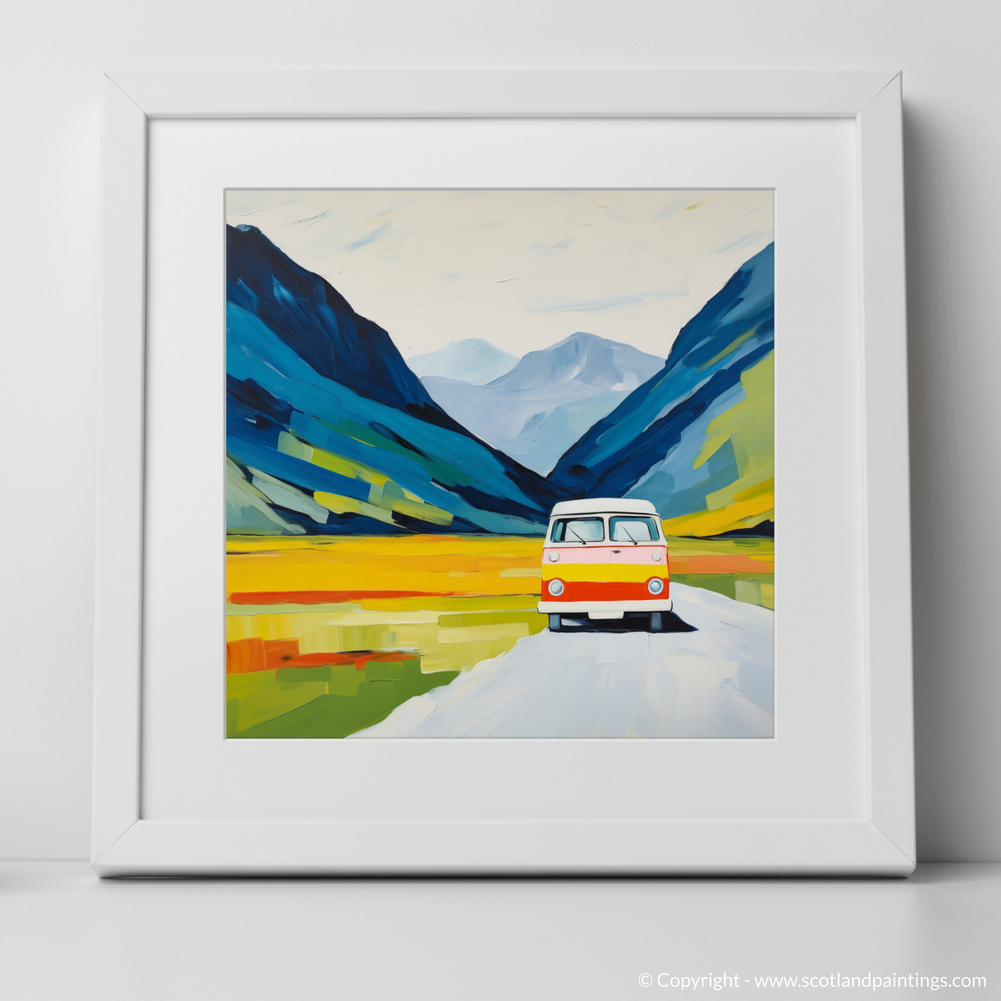 Art Print of Campervan in Glencoe during summer with a white frame