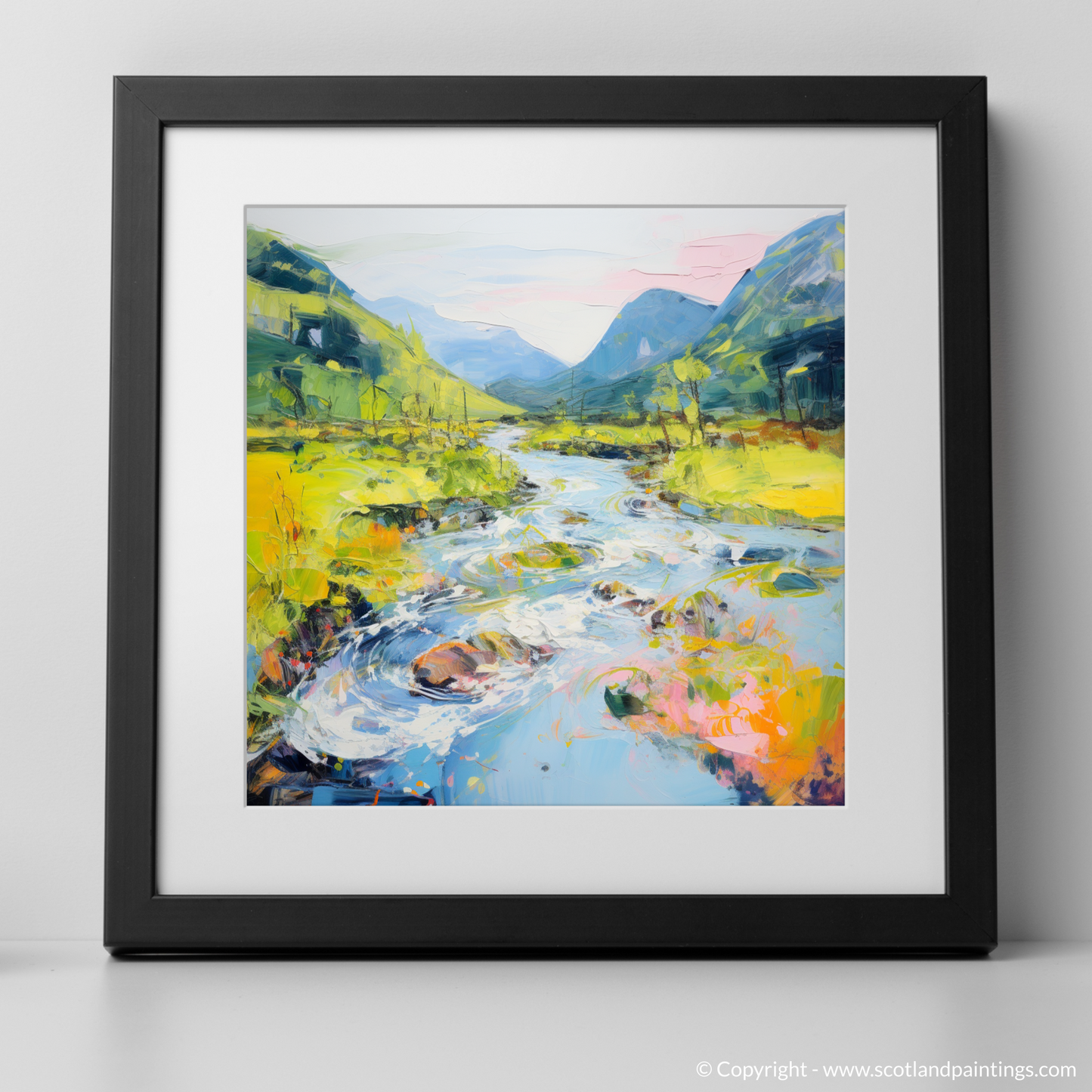 Art Print of River in Glencoe during summer with a black frame