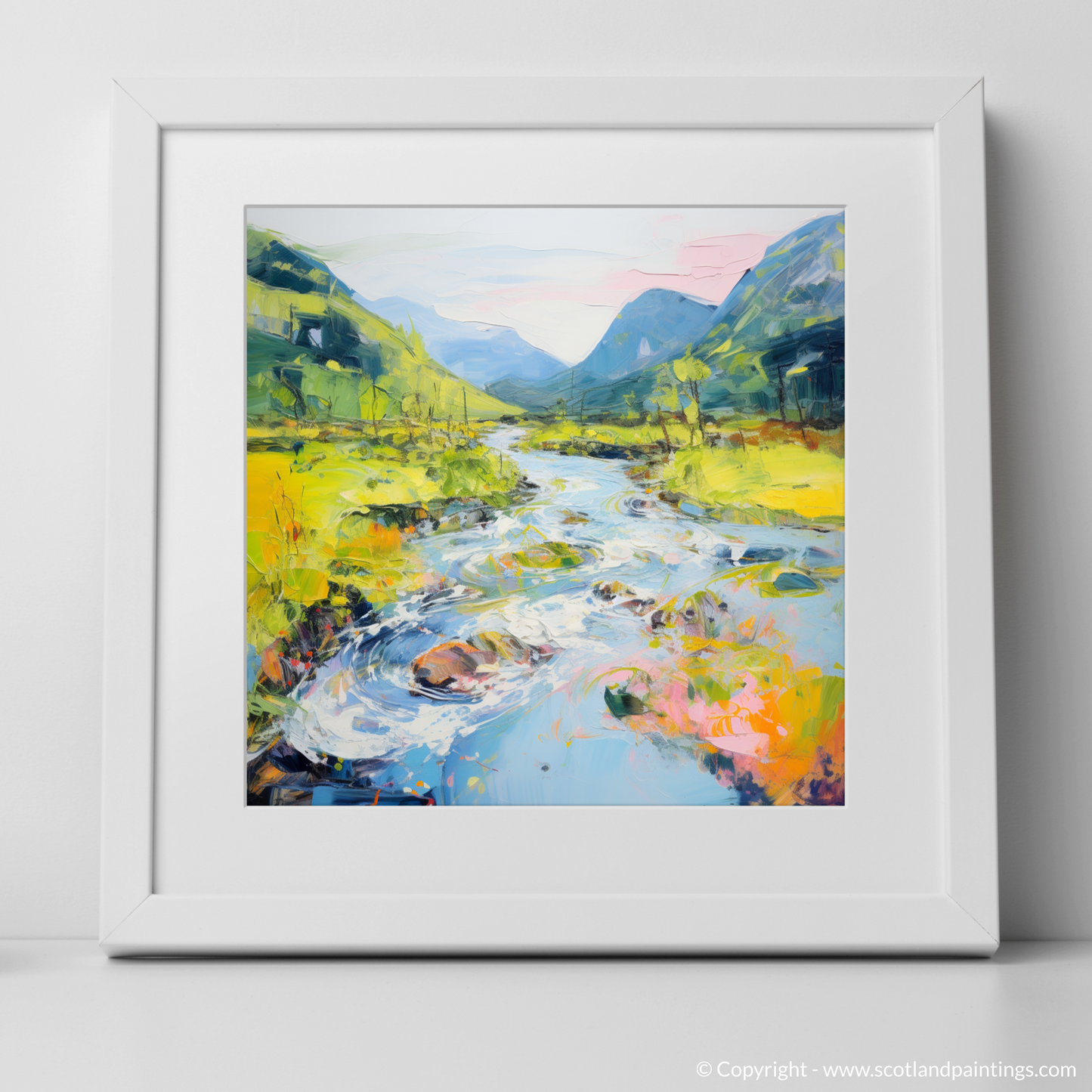 Art Print of River in Glencoe during summer with a white frame