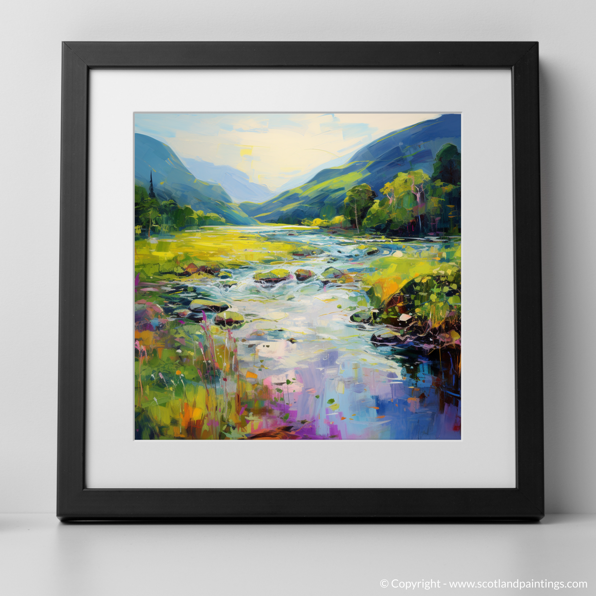 Art Print of River in Glencoe during summer with a black frame