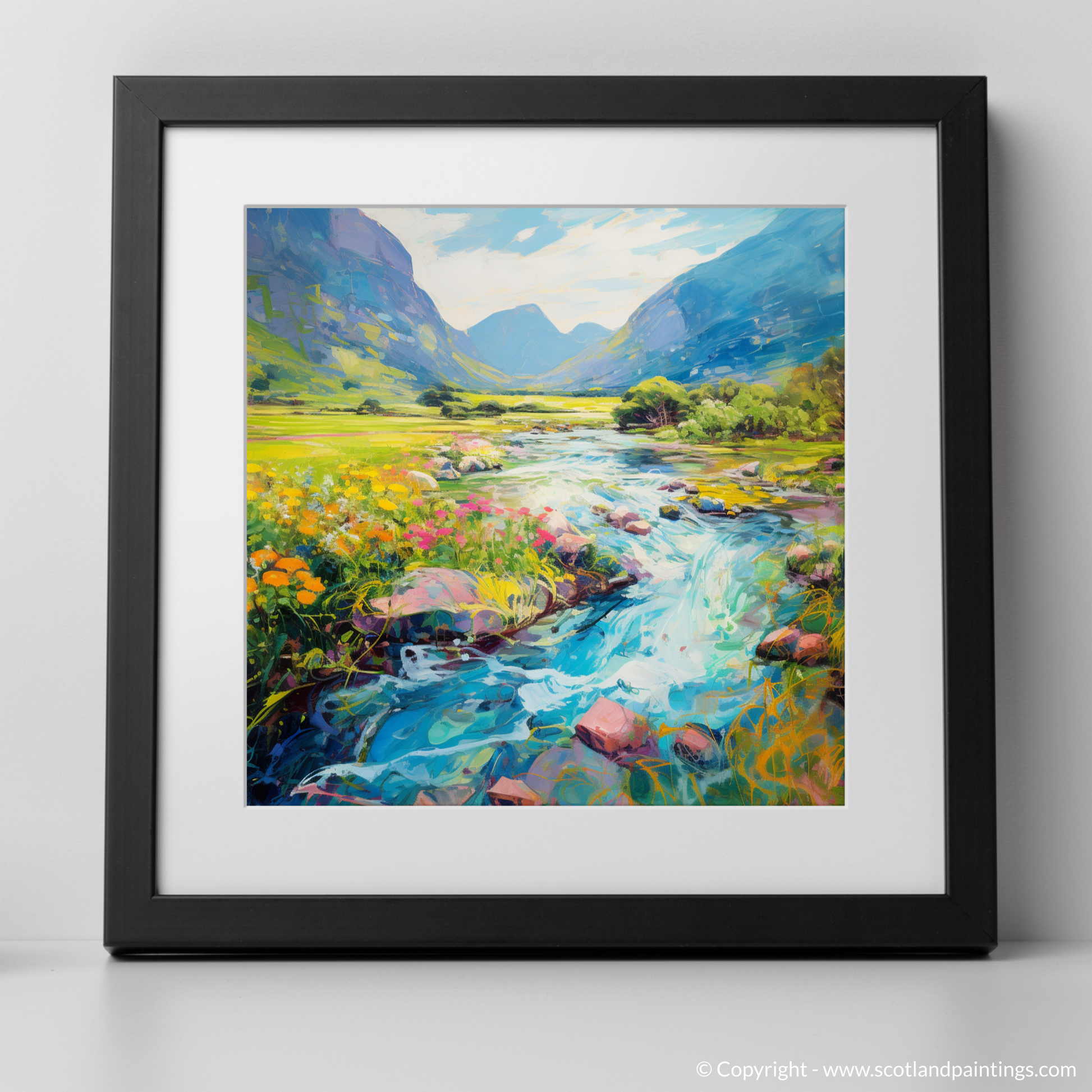 Art Print of River in Glencoe during summer with a black frame