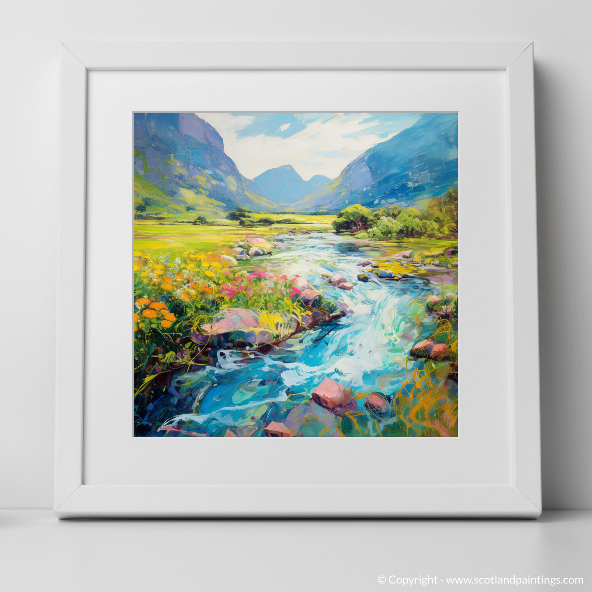 Art Print of River in Glencoe during summer with a white frame