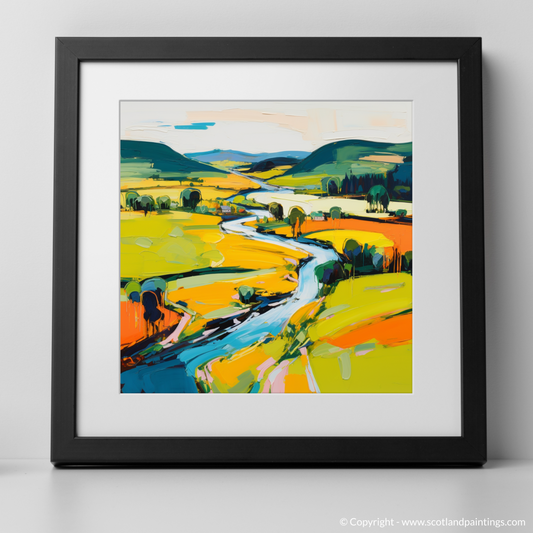 Art Print of River Tweed, Scottish Borders in summer with a black frame