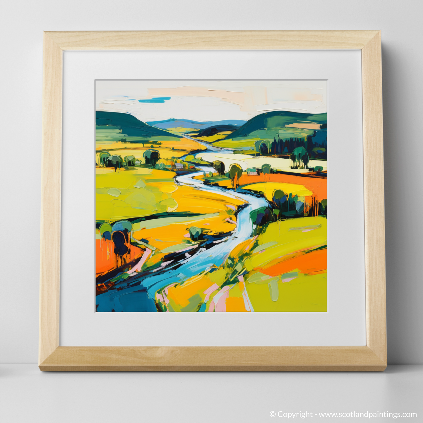 Art Print of River Tweed, Scottish Borders in summer with a natural frame