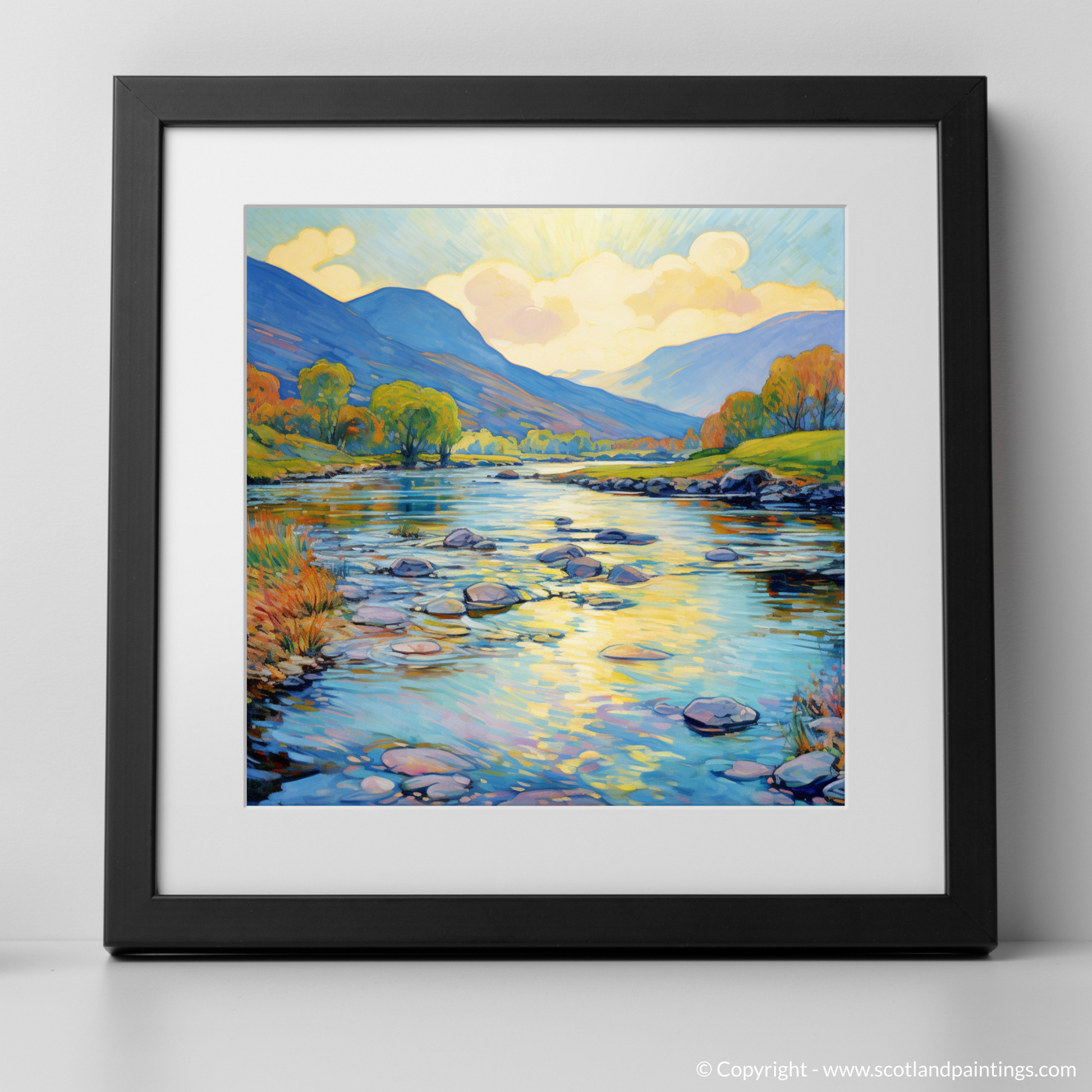 Art Print of River Orchy, Argyll and Bute in summer with a black frame