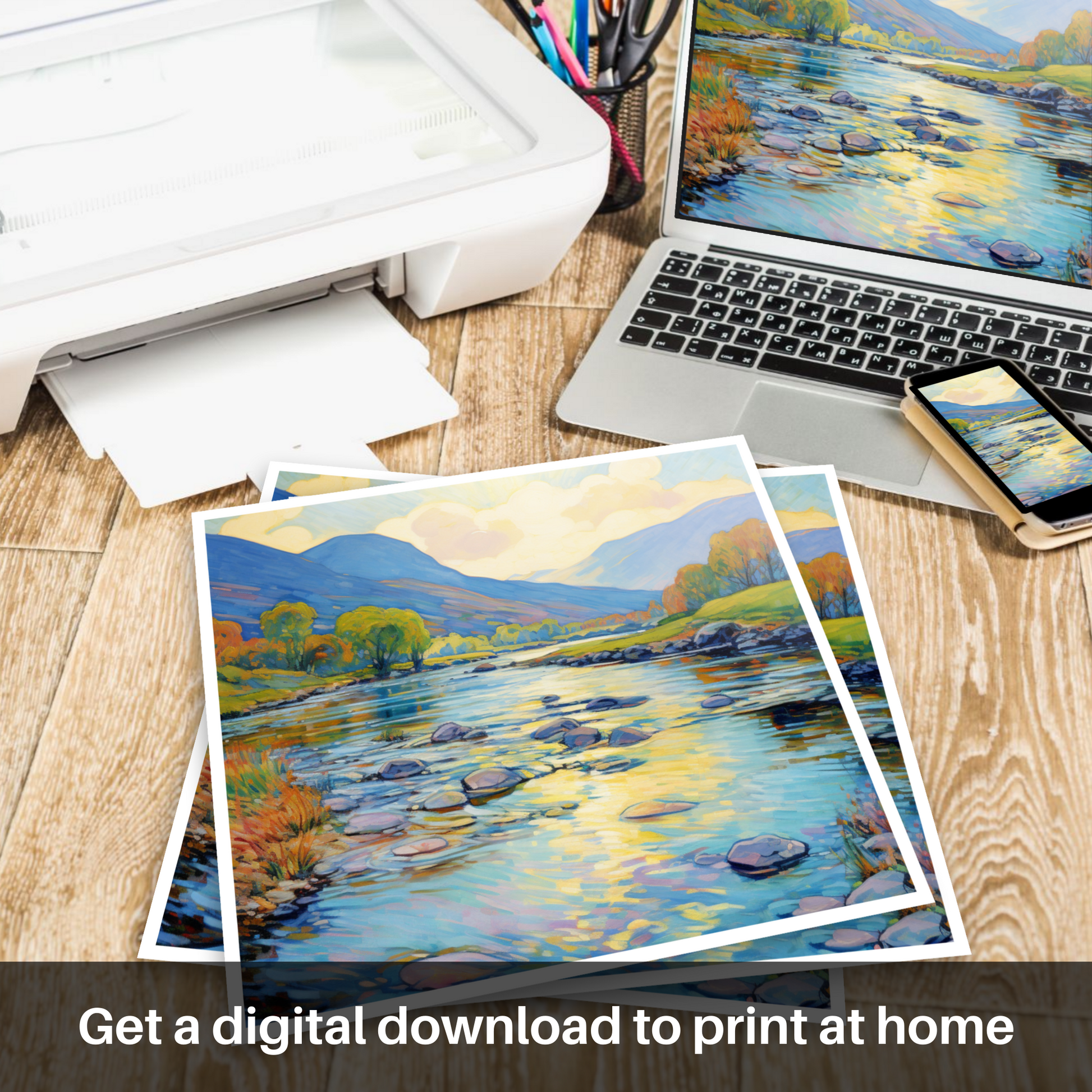 Downloadable and printable picture of River Orchy, Argyll and Bute in summer