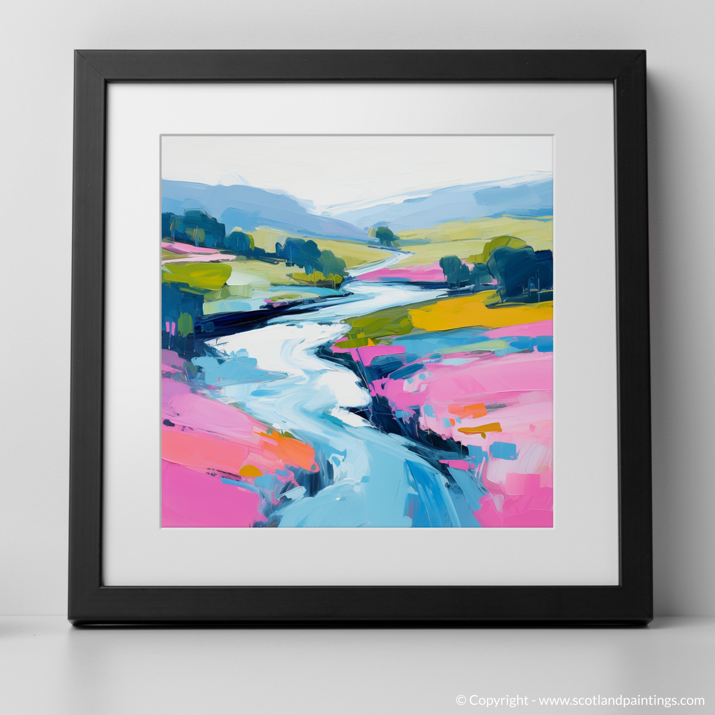 Art Print of River Garry, Highlands in summer with a black frame