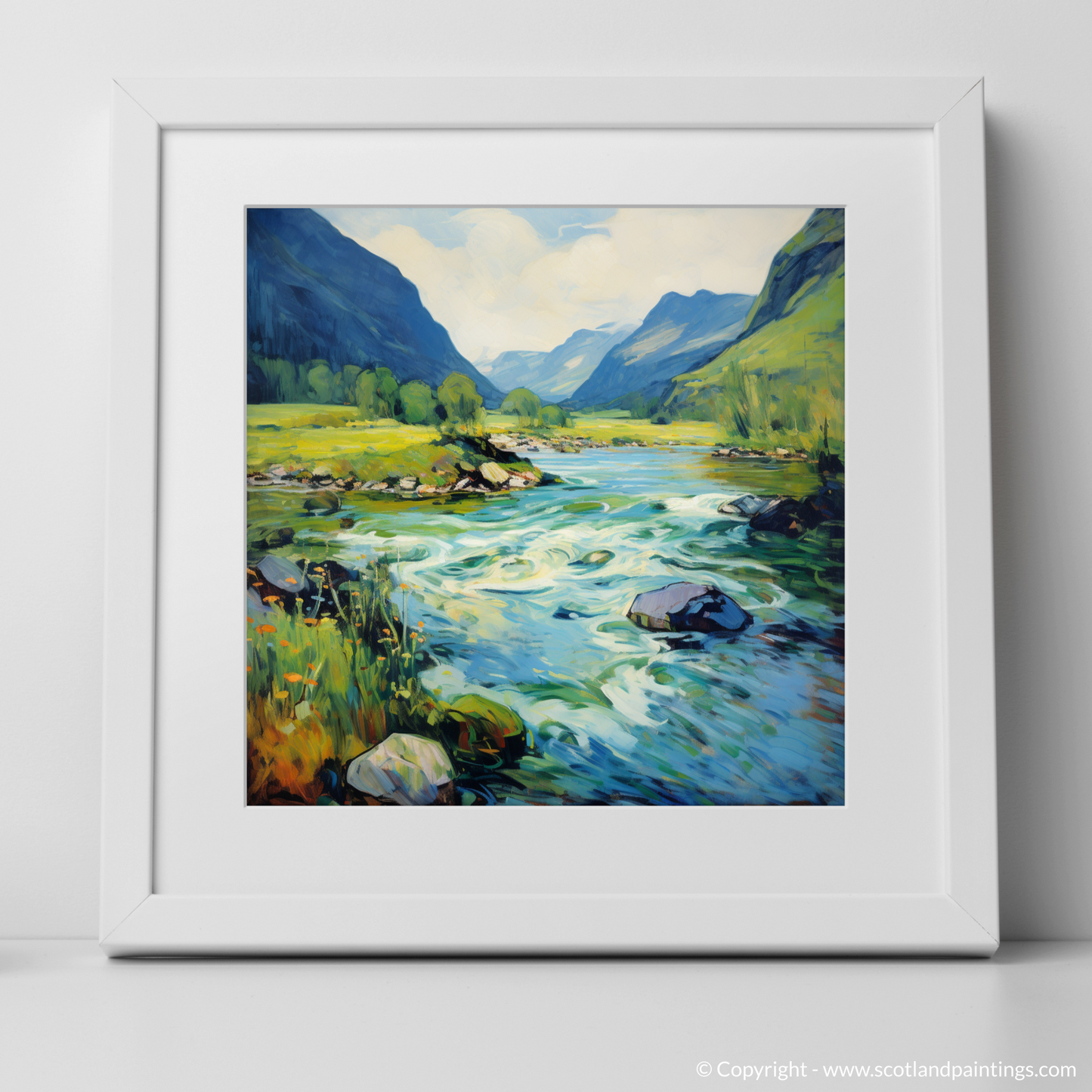 Art Print of River in Glencoe during summer with a white frame