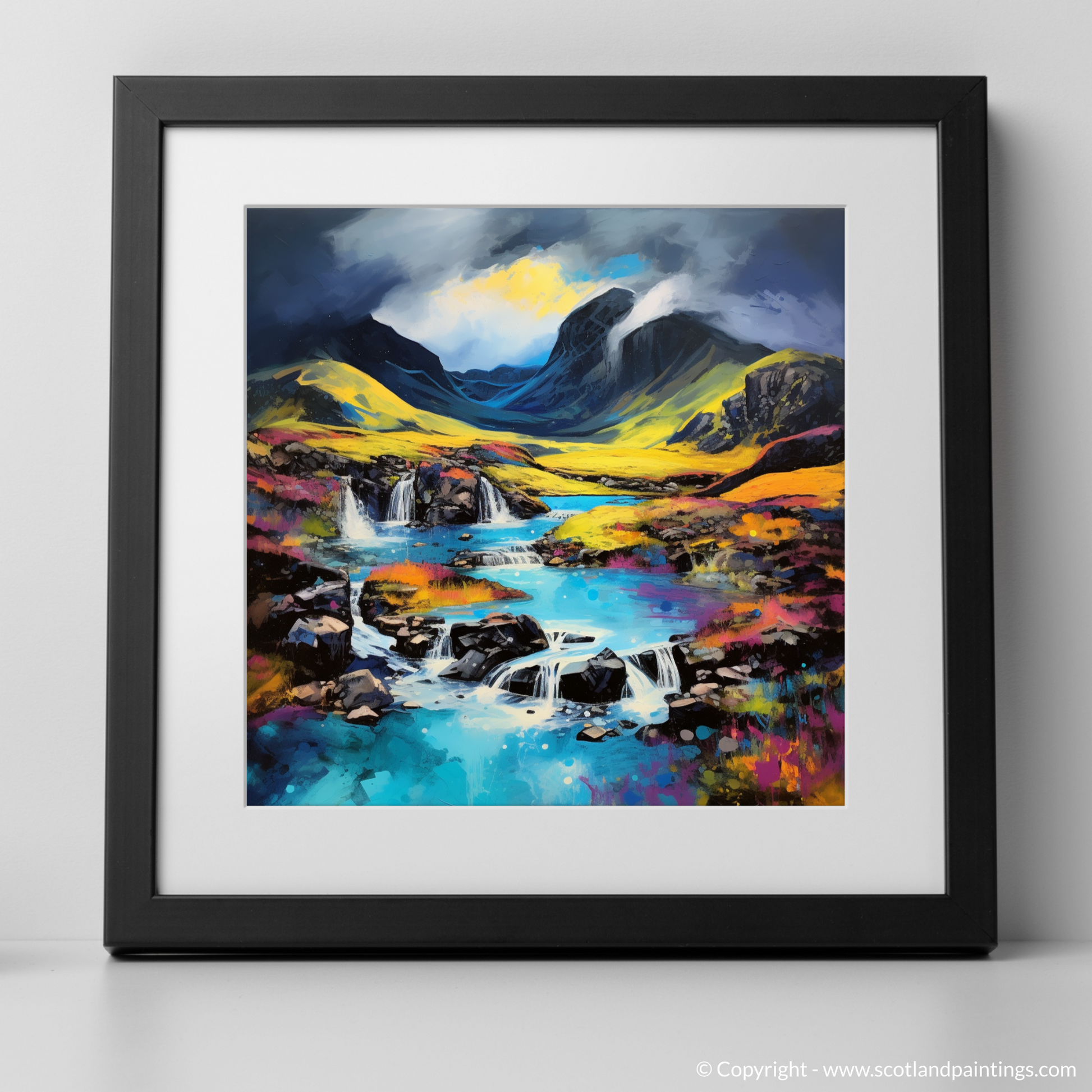 Art Print of Isle of Skye Fairy Pools with a stormy sky in summer with a black frame