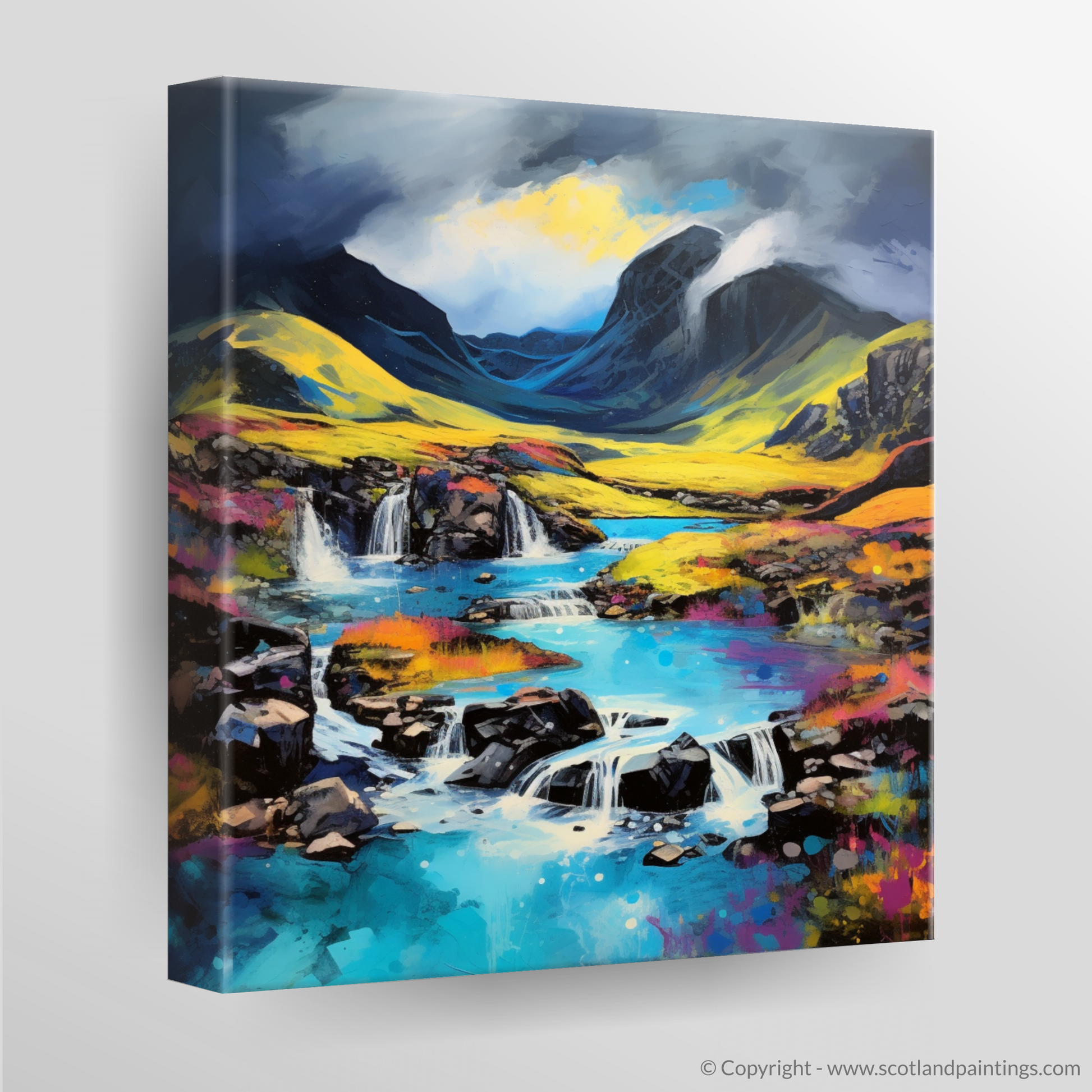 Canvas Print of Isle of Skye Fairy Pools with a stormy sky in summer