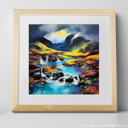 Art Print of Isle of Skye Fairy Pools with a stormy sky in summer with a natural frame