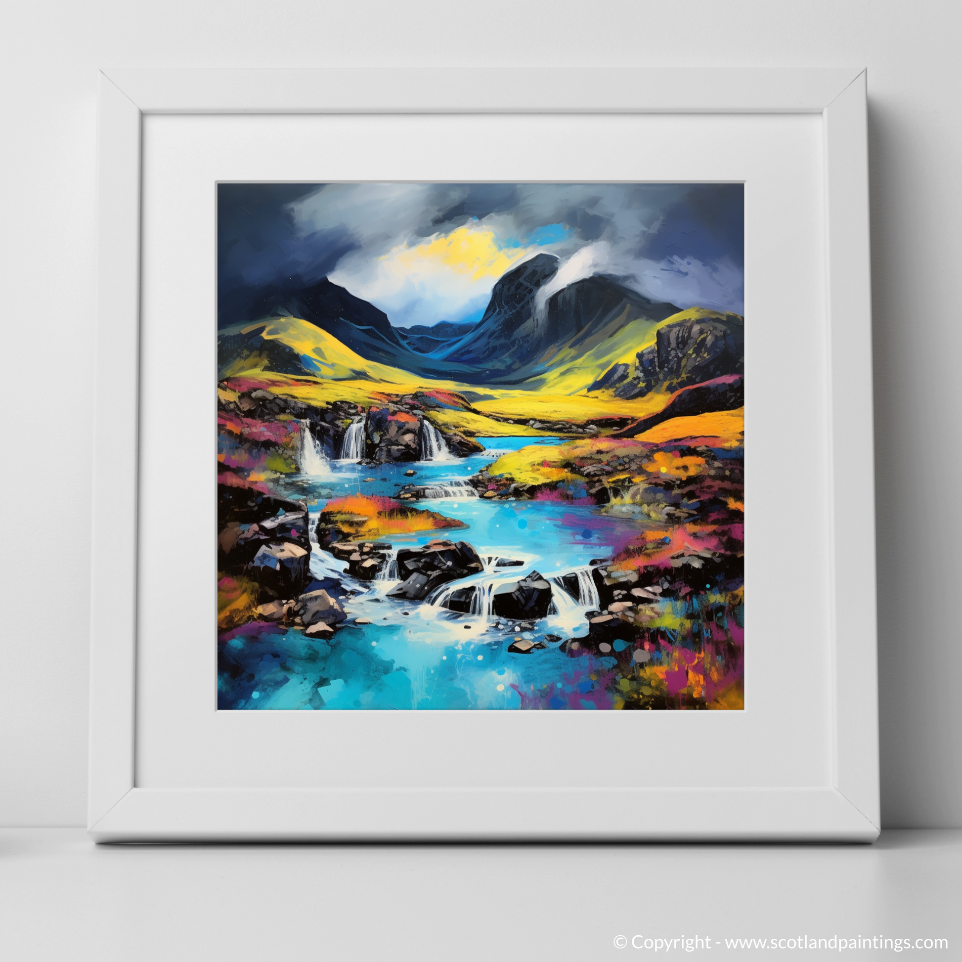 Art Print of Isle of Skye Fairy Pools with a stormy sky in summer with a white frame