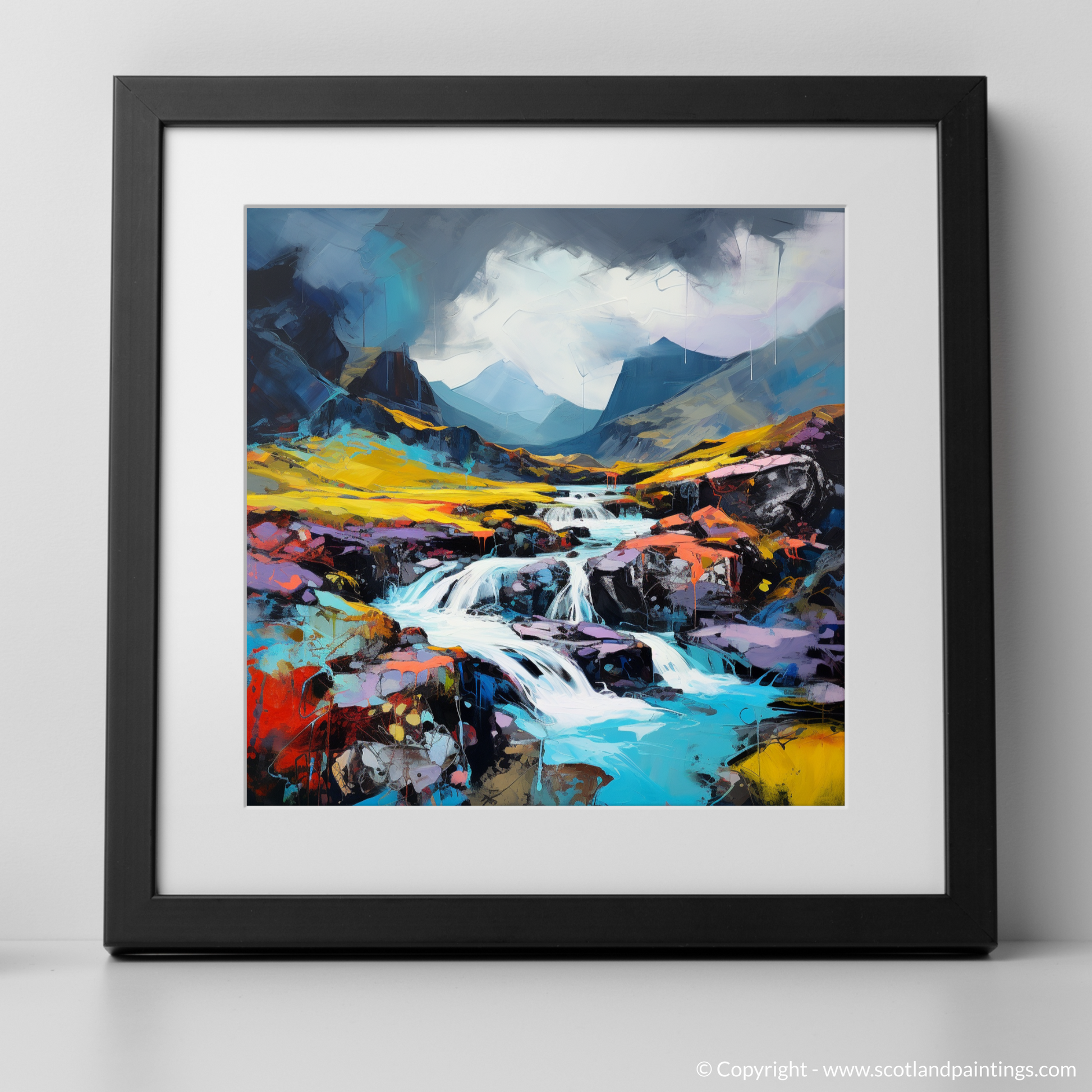 Art Print of Isle of Skye Fairy Pools with a stormy sky in summer with a black frame