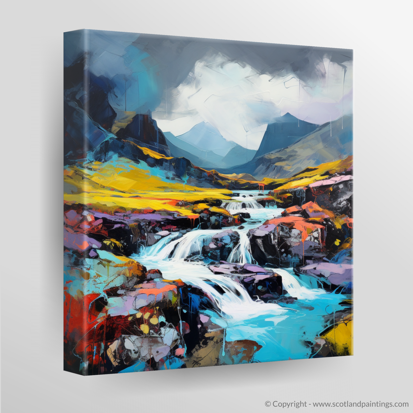 Canvas Print of Isle of Skye Fairy Pools with a stormy sky in summer