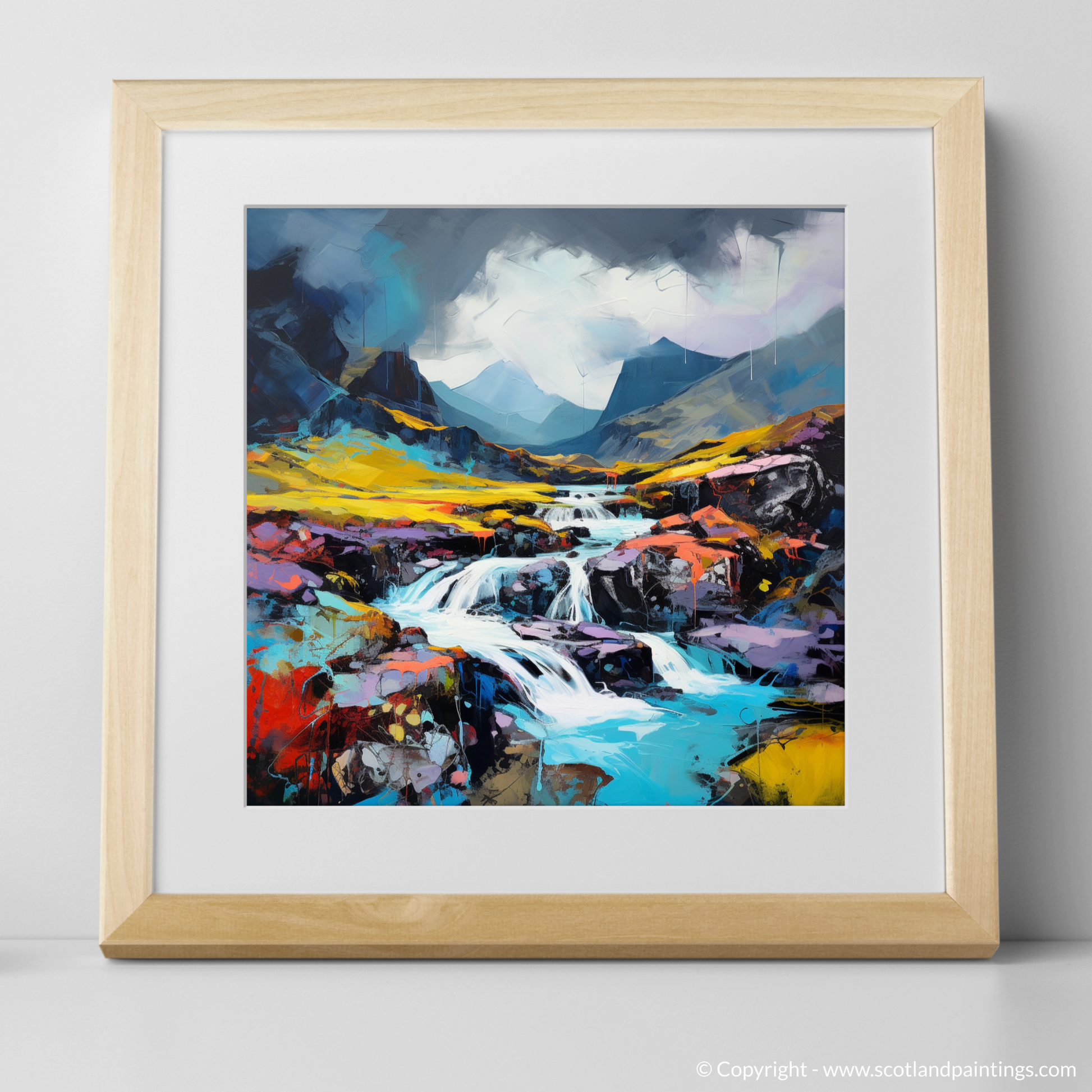 Art Print of Isle of Skye Fairy Pools with a stormy sky in summer with a natural frame