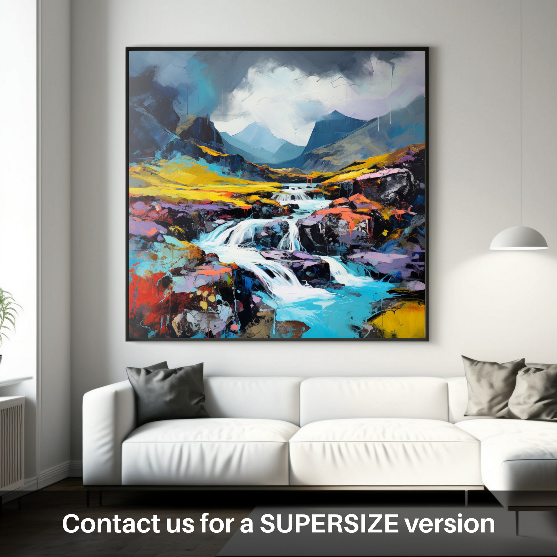 Huge supersize print of Isle of Skye Fairy Pools with a stormy sky in summer