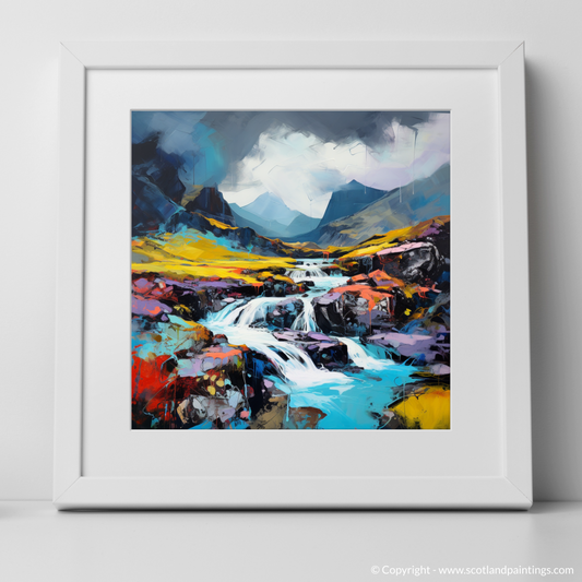 Art Print of Isle of Skye Fairy Pools with a stormy sky in summer with a white frame