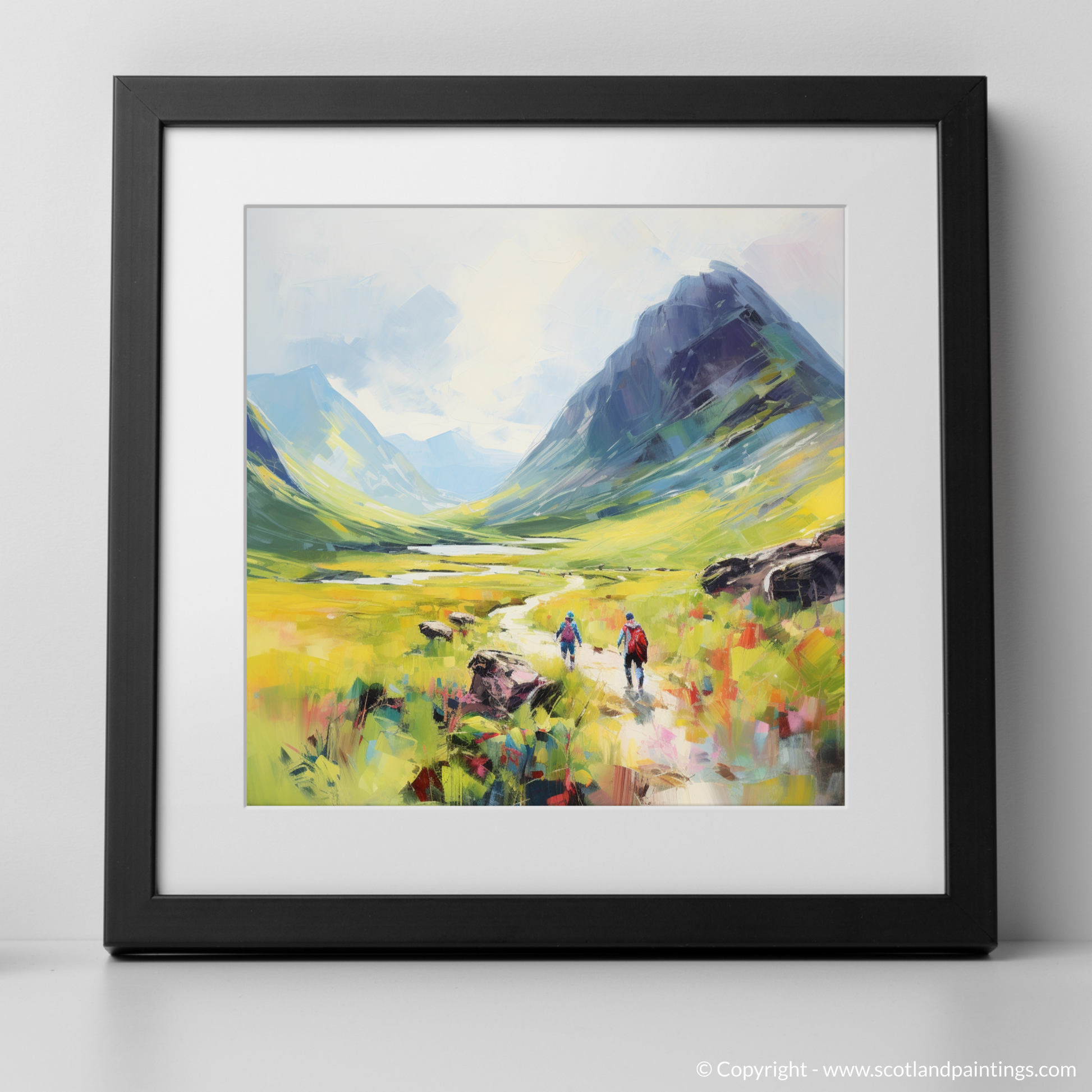 Art Print of Walkers in Glencoe during summer with a black frame