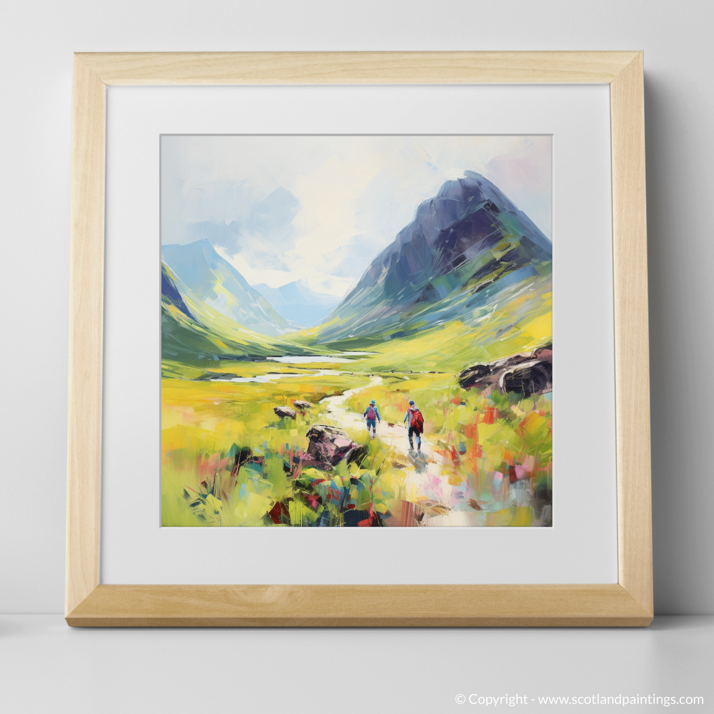 Art Print of Walkers in Glencoe during summer with a natural frame