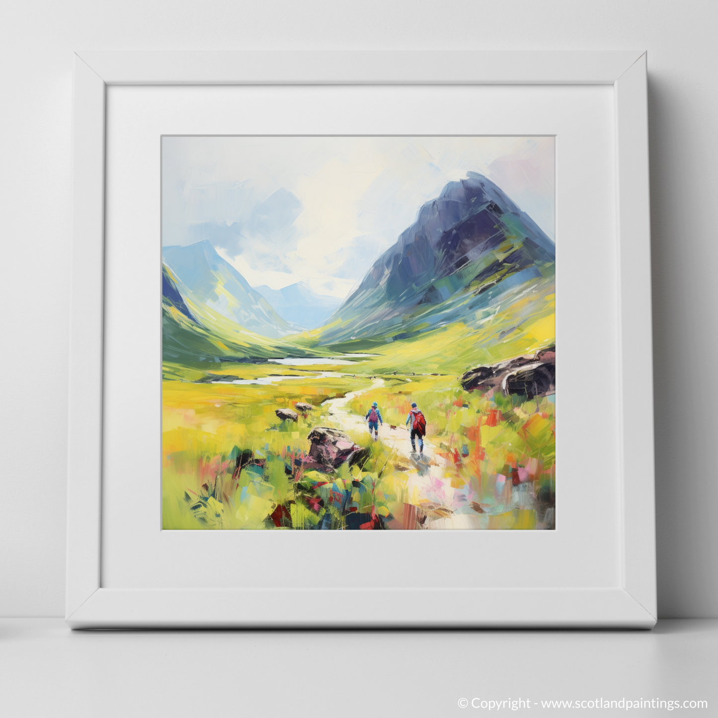 Art Print of Walkers in Glencoe during summer with a white frame