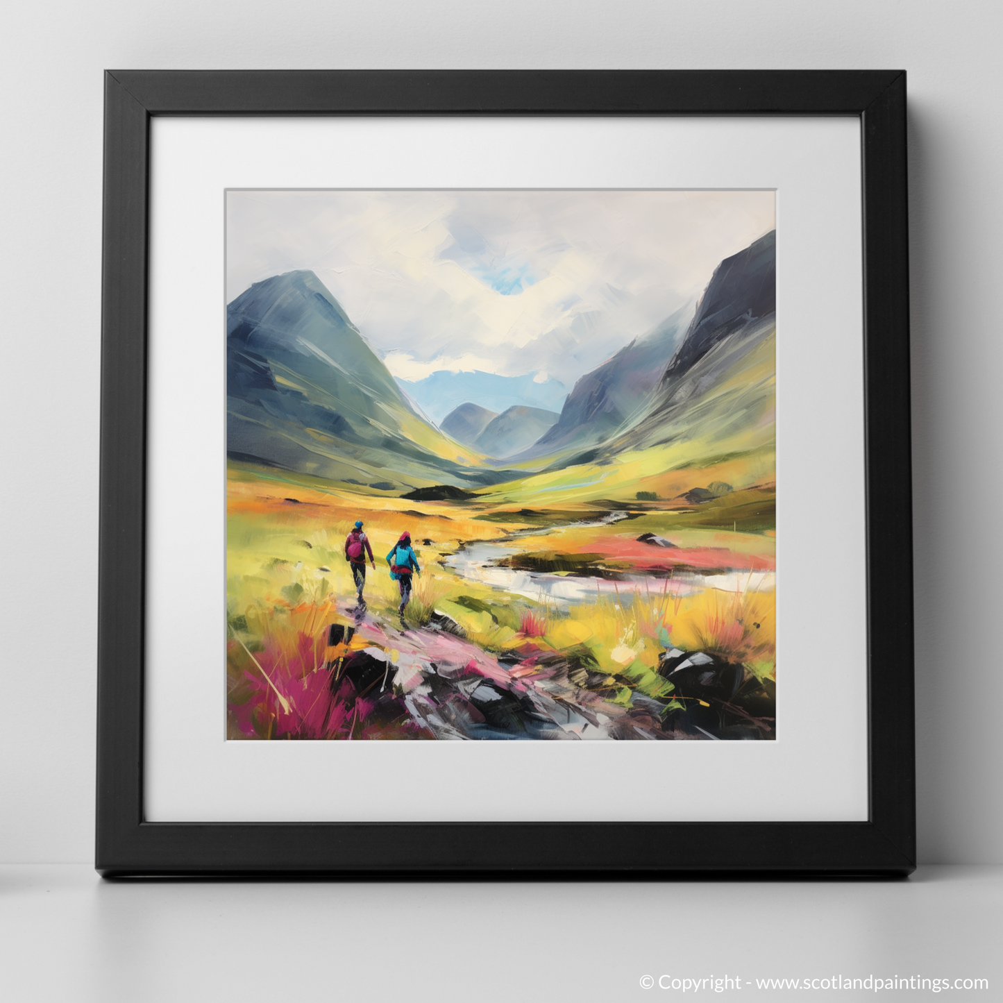 Art Print of Walkers in Glencoe during summer with a black frame