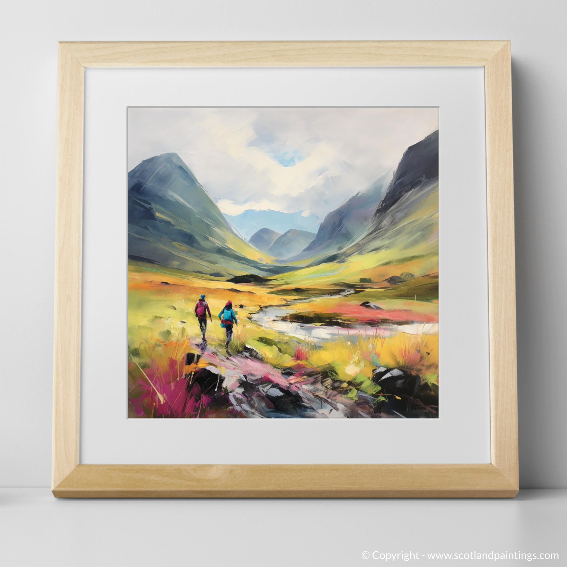 Art Print of Walkers in Glencoe during summer with a natural frame