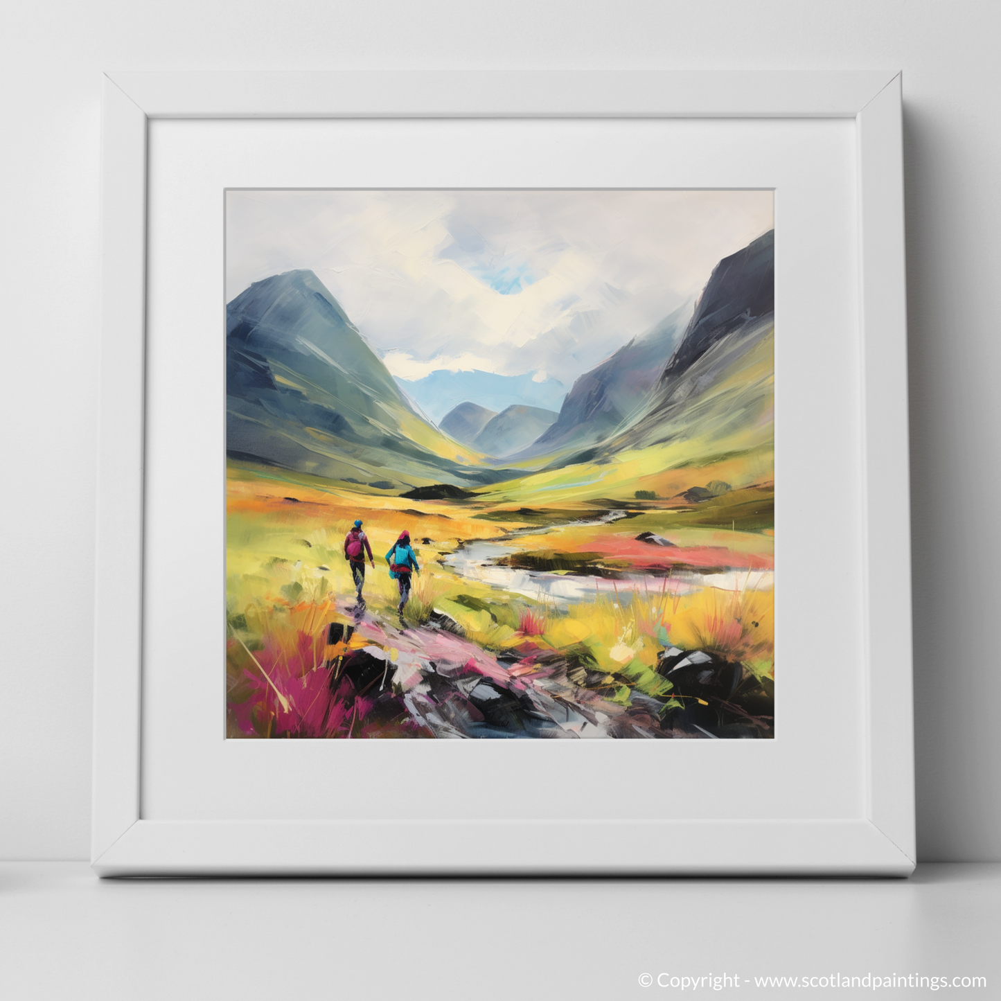 Art Print of Walkers in Glencoe during summer with a white frame