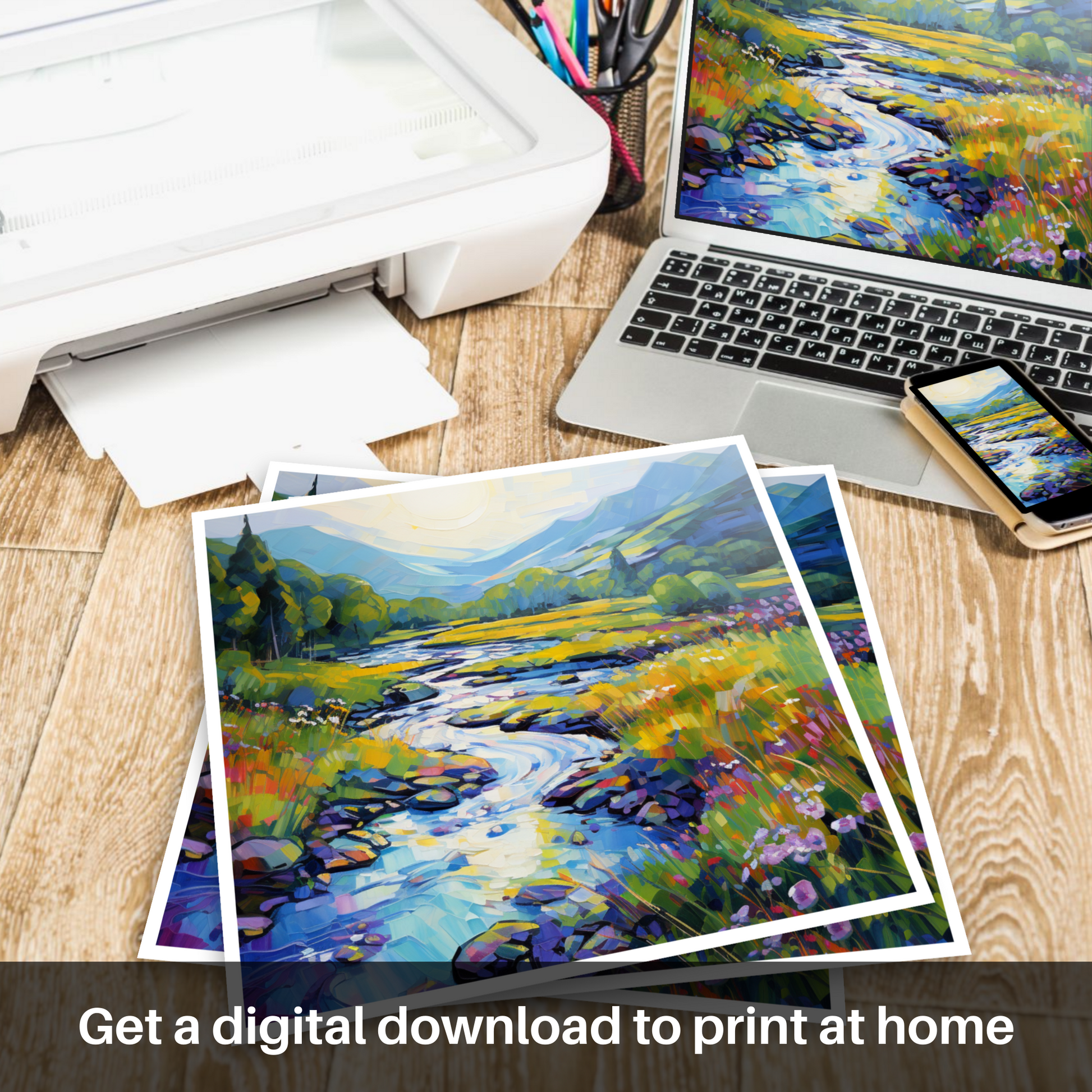 Downloadable and printable picture of River Orchy, Argyll and Bute in summer