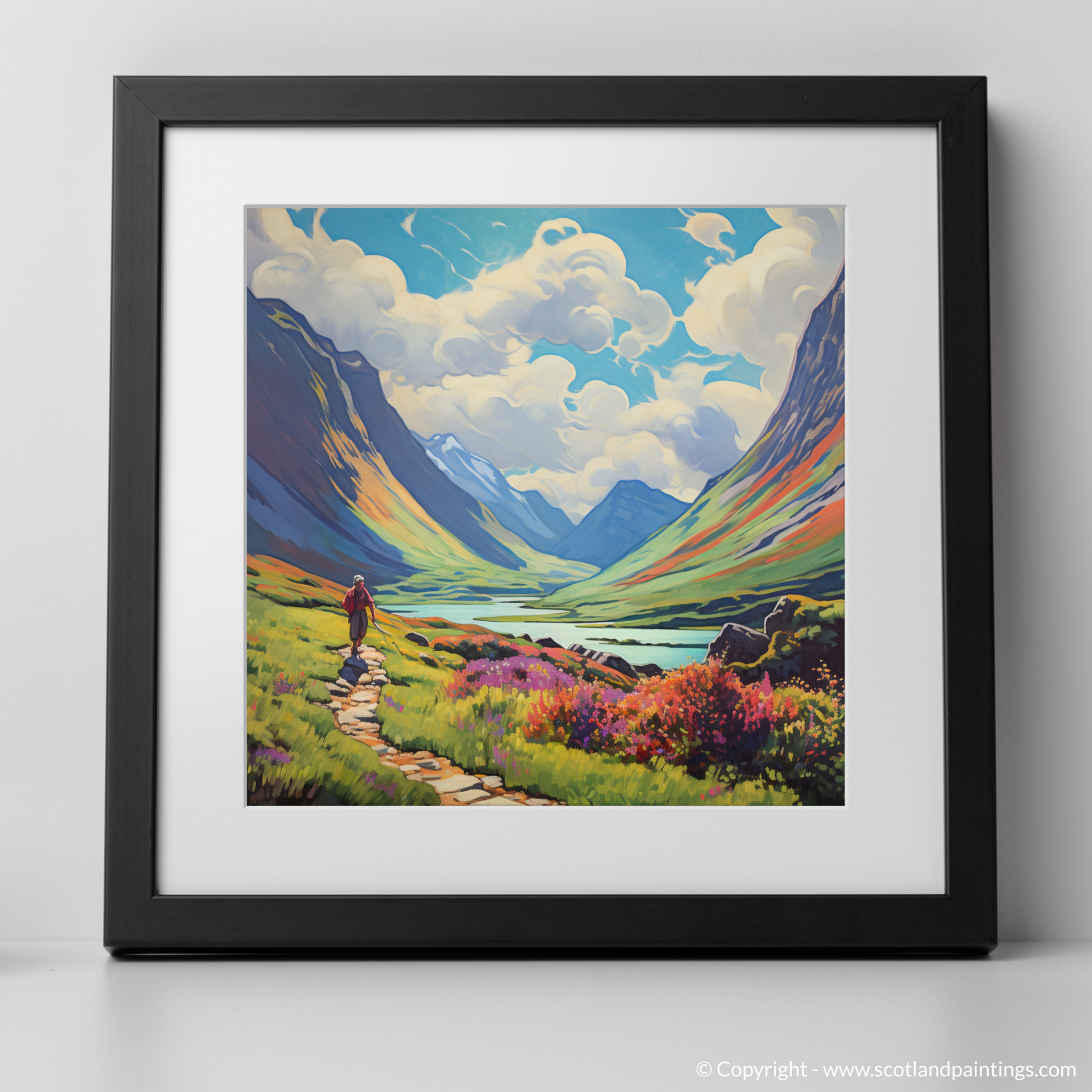 Art Print of Lone hiker in Glencoe during summer with a black frame