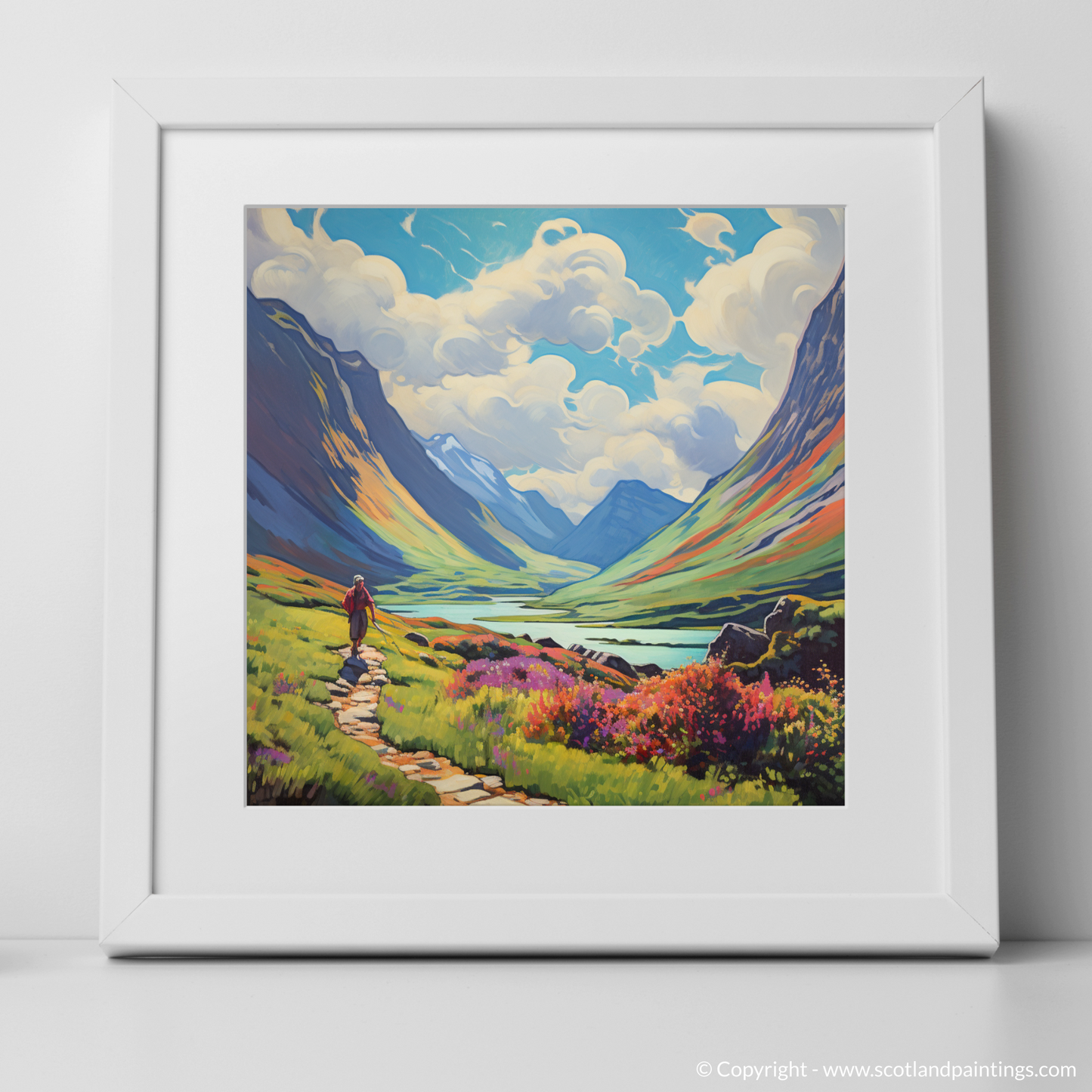 Art Print of Lone hiker in Glencoe during summer with a white frame