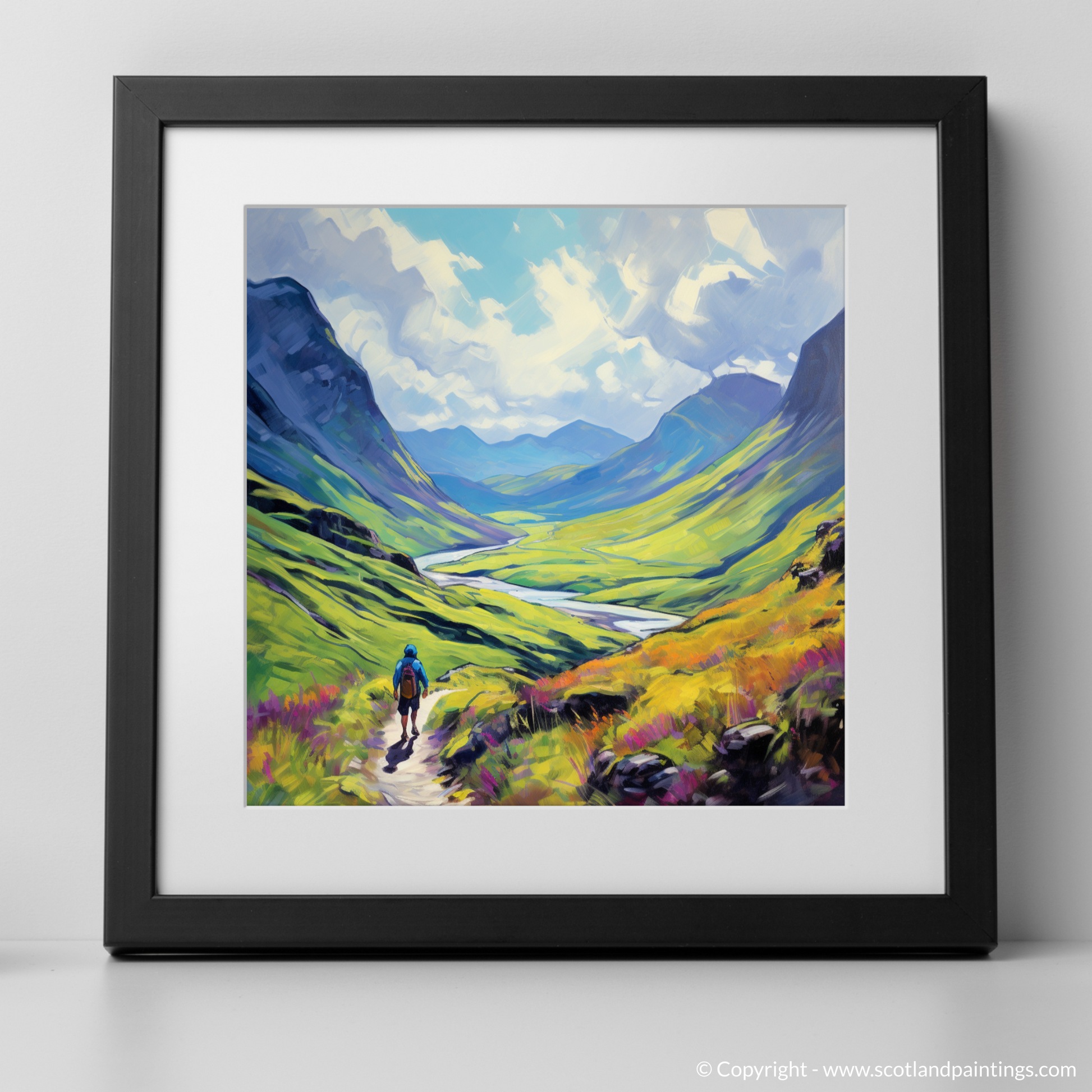 Art Print of Lone hiker in Glencoe during summer with a black frame