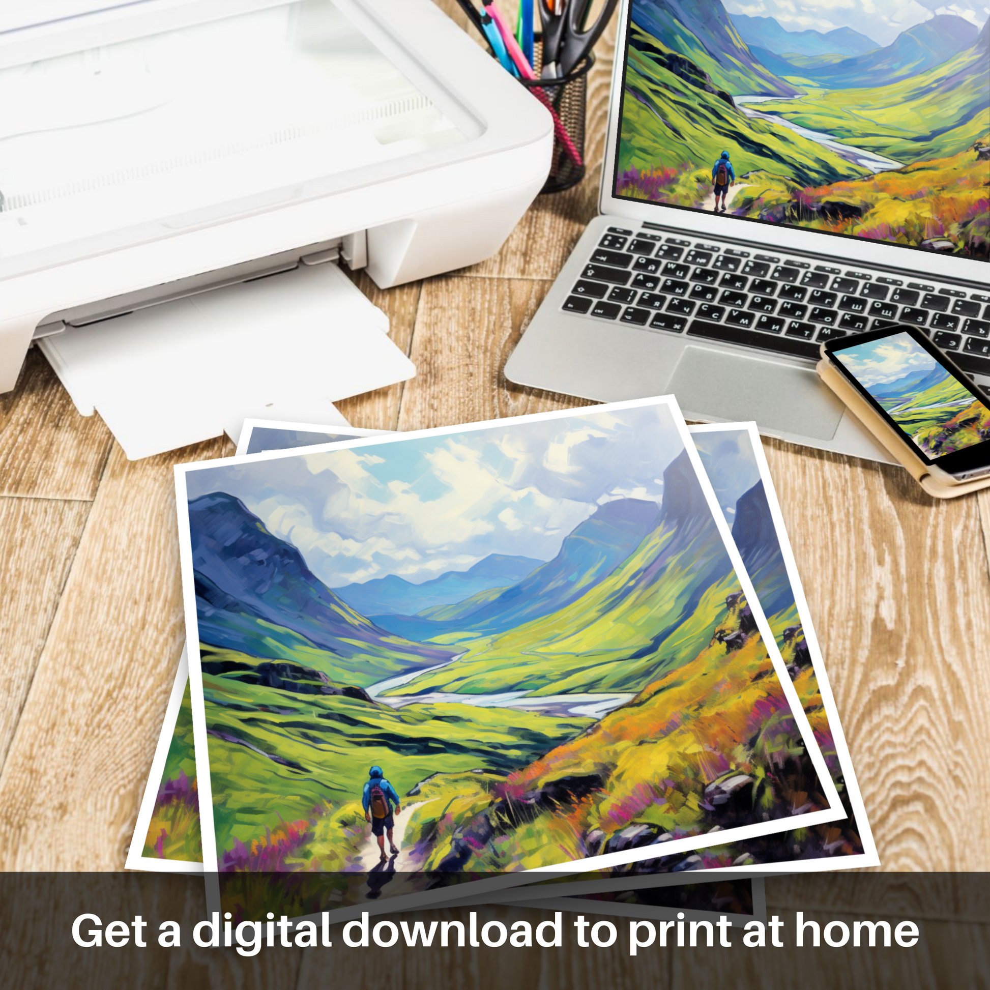 Downloadable and printable picture of Lone hiker in Glencoe during summer