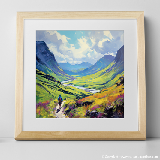 Art Print of Lone hiker in Glencoe during summer with a natural frame