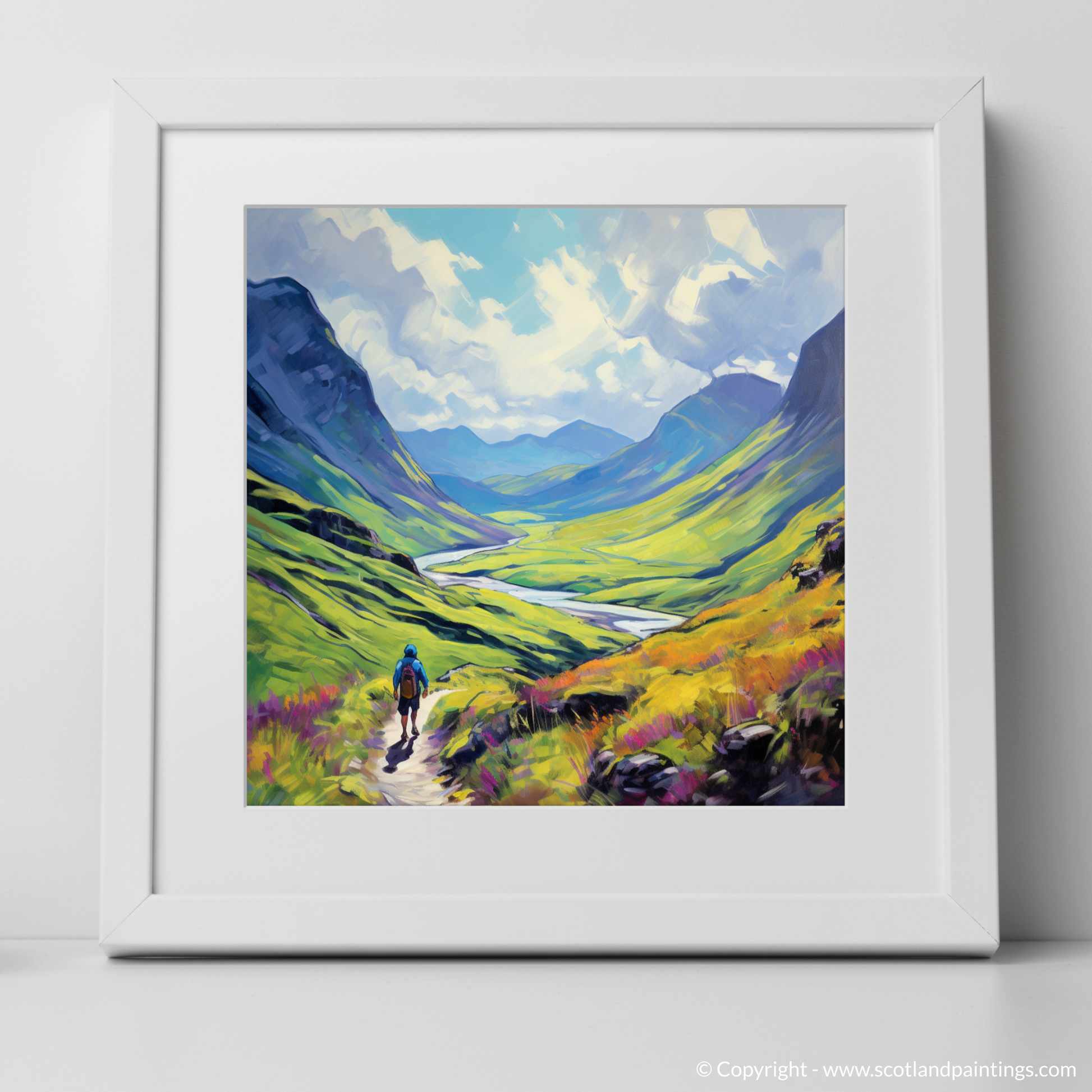 Art Print of Lone hiker in Glencoe during summer with a white frame