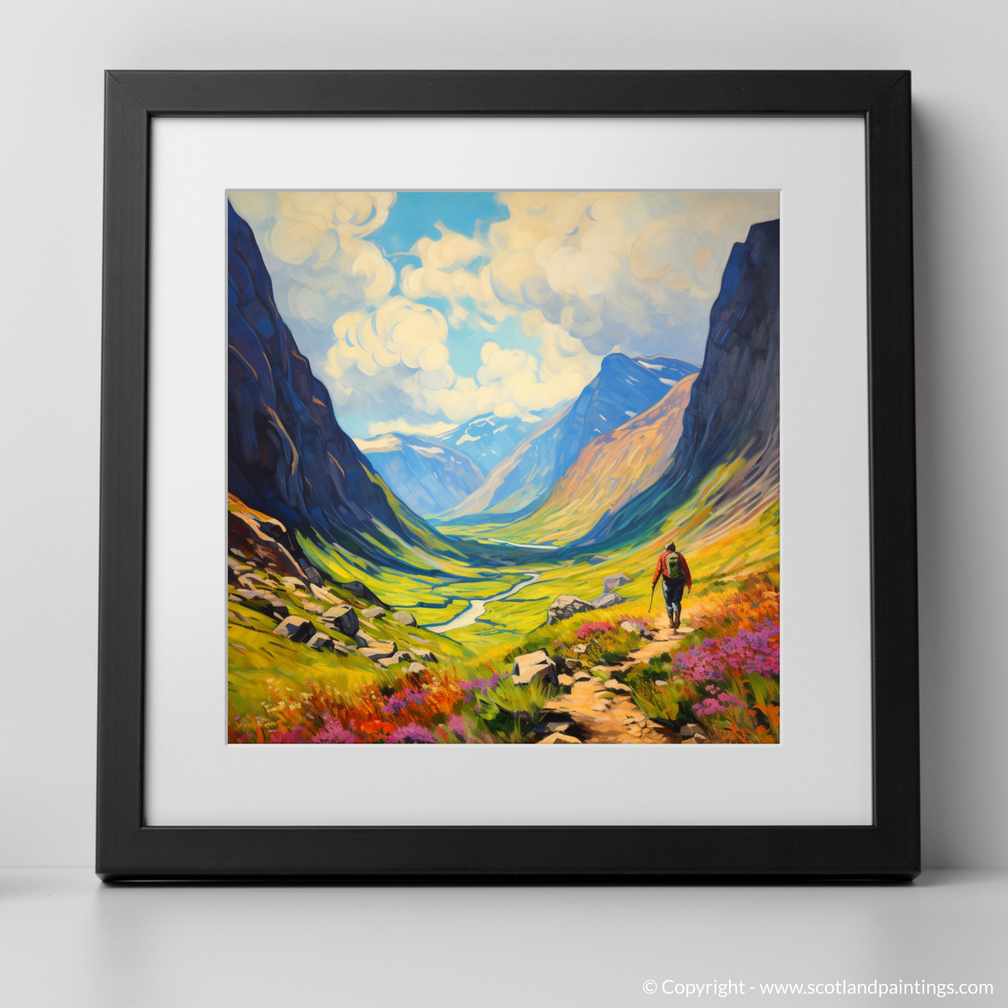 Painting and Art Print of Lone hiker in Glencoe during summer. Highland Wanderer: Solitude in the Scottish Summer.