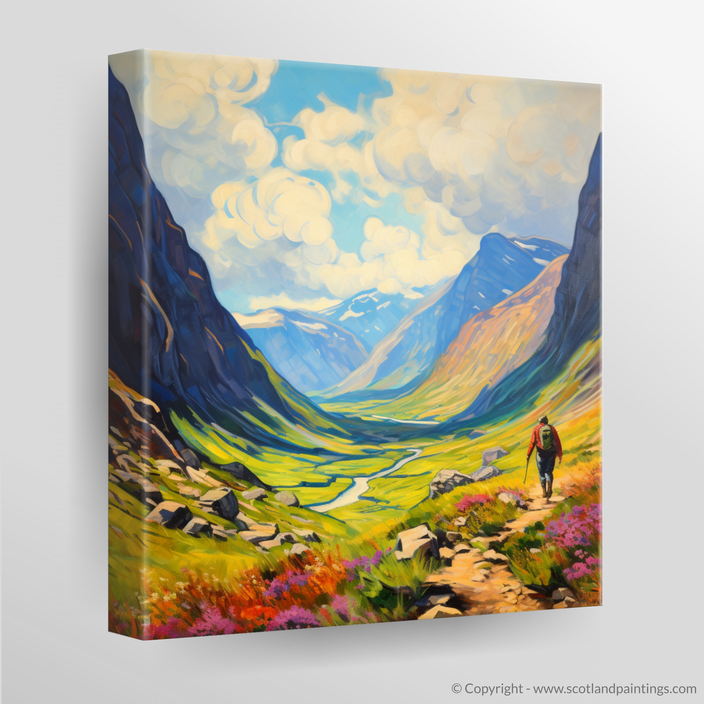 Painting and Art Print of Lone hiker in Glencoe during summer. Highland Wanderer: Solitude in the Scottish Summer.