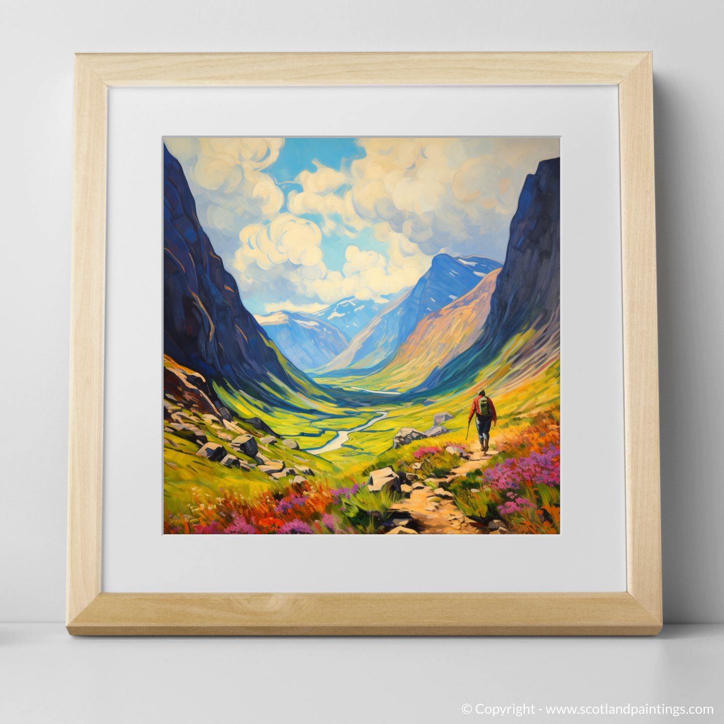 Painting and Art Print of Lone hiker in Glencoe during summer. Highland Wanderer: Solitude in the Scottish Summer.