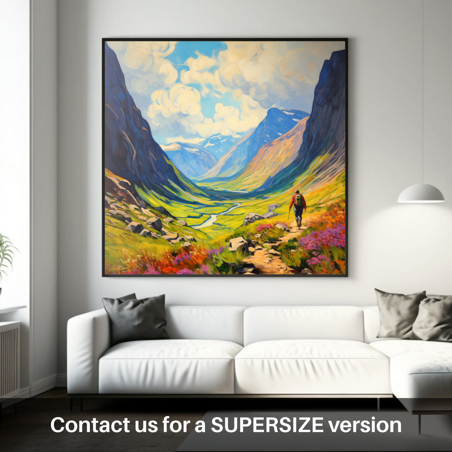 Painting and Art Print of Lone hiker in Glencoe during summer. Highland Wanderer: Solitude in the Scottish Summer.