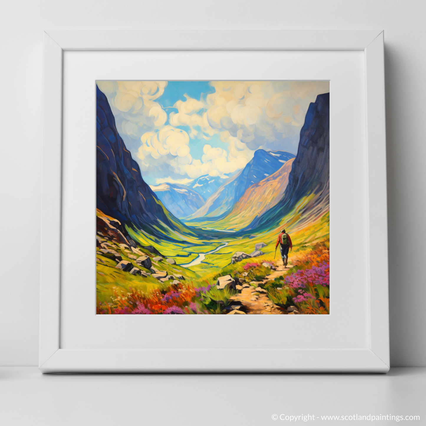 Painting and Art Print of Lone hiker in Glencoe during summer. Highland Wanderer: Solitude in the Scottish Summer.