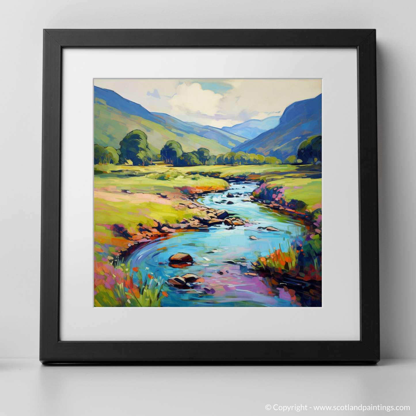 Art Print of Glen Lyon, Perthshire in summer with a black frame